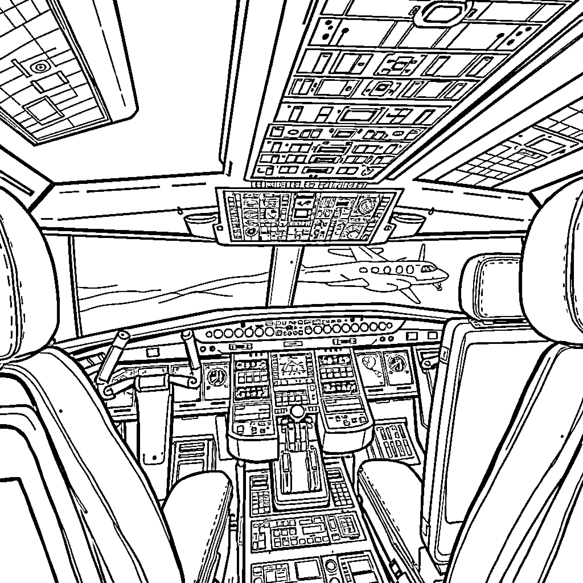 Plane cockpit with complex controls and instruments Coloring Page (free black-and-white line drawing printable PDF for all, from beginners to advanced learners, including children, teens, adults, and seniors)