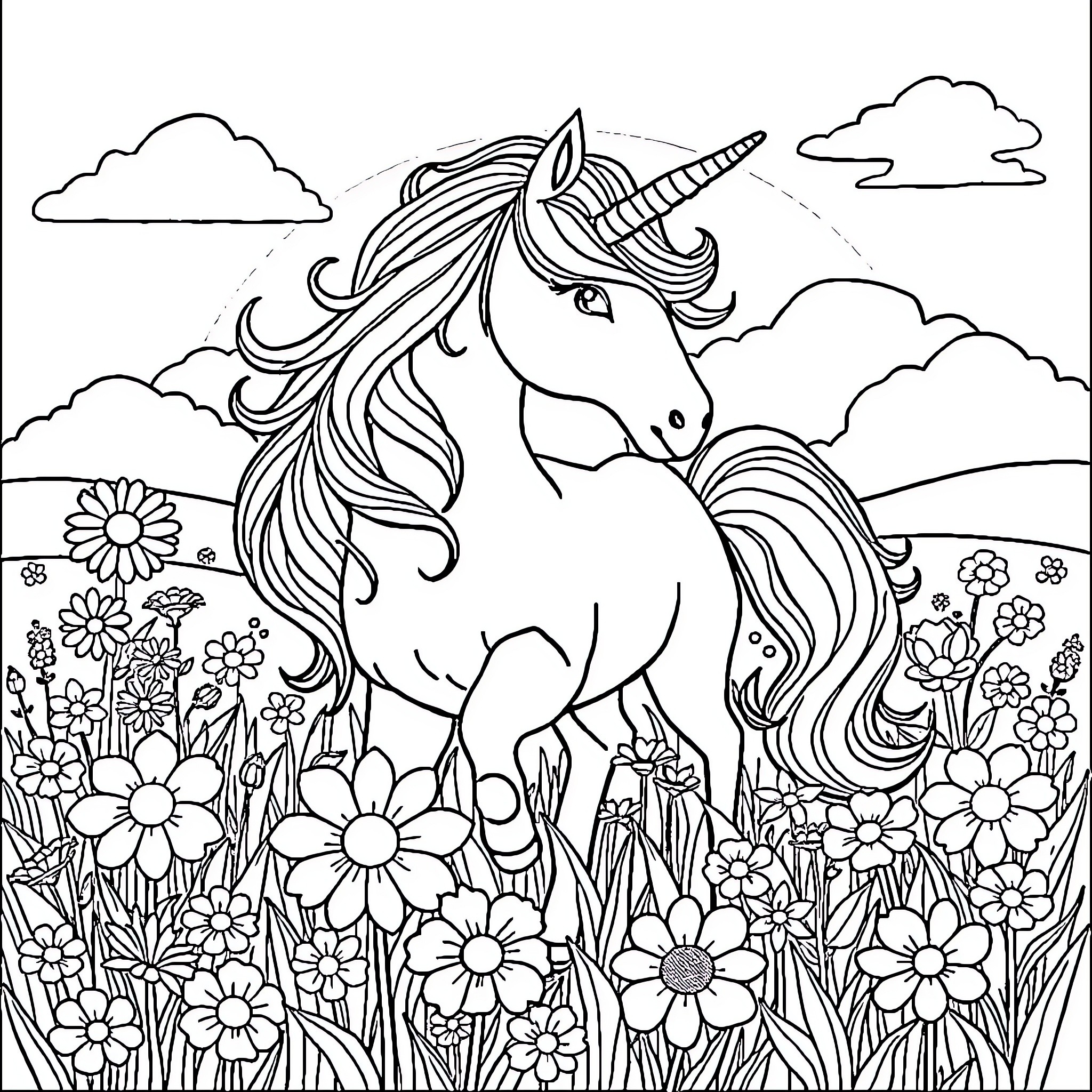 Unicorn Standing Majestically Amidst Flowers and Clouds Coloring Page (free black-and-white line drawing printable PDF for all, from beginners to advanced learners, including children, teens, adults, and seniors)