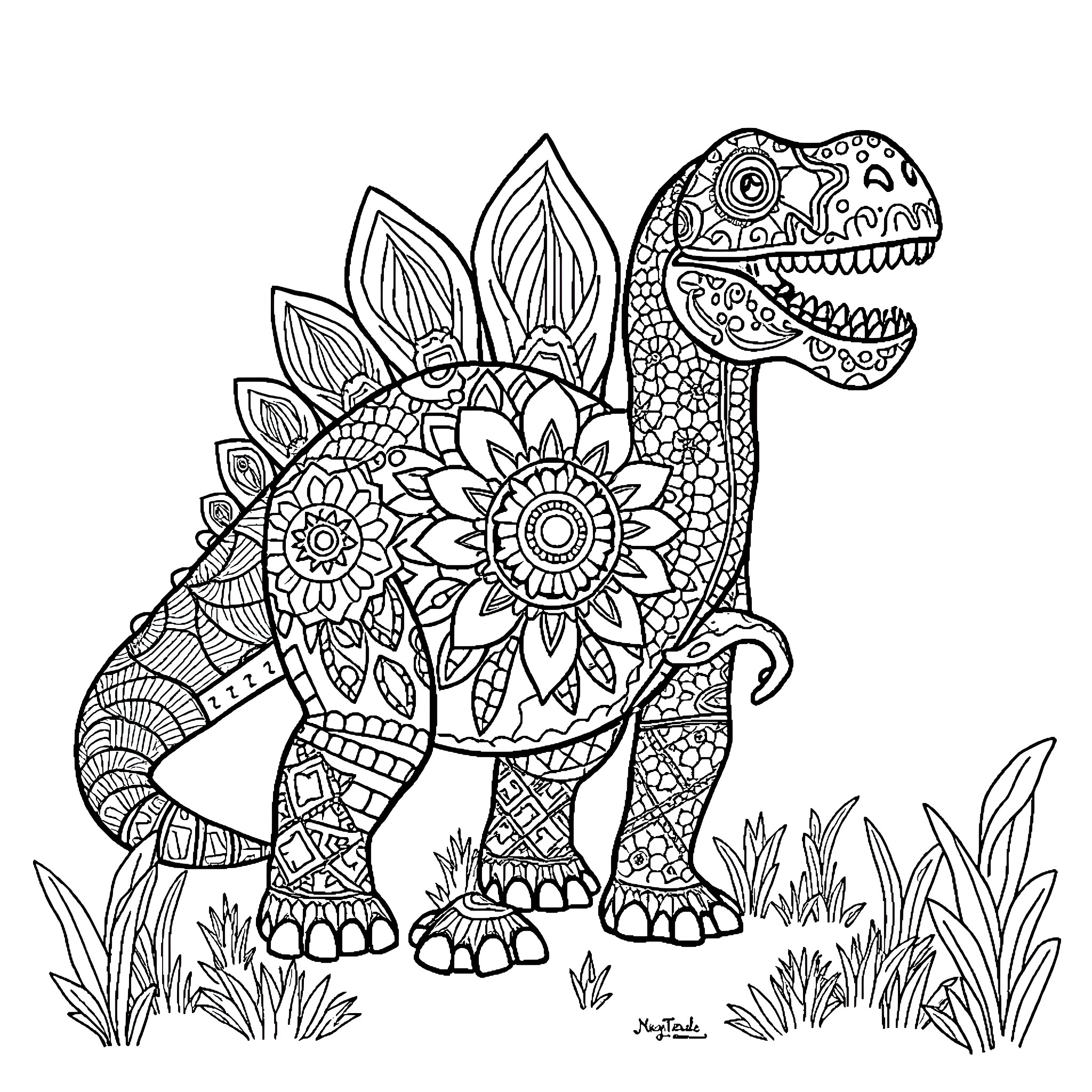 Dinosaur with intricate floral patterns Coloring Page (free black-and-white line drawing printable PDF for all, from beginners to advanced learners, including children, teens, adults, and seniors)