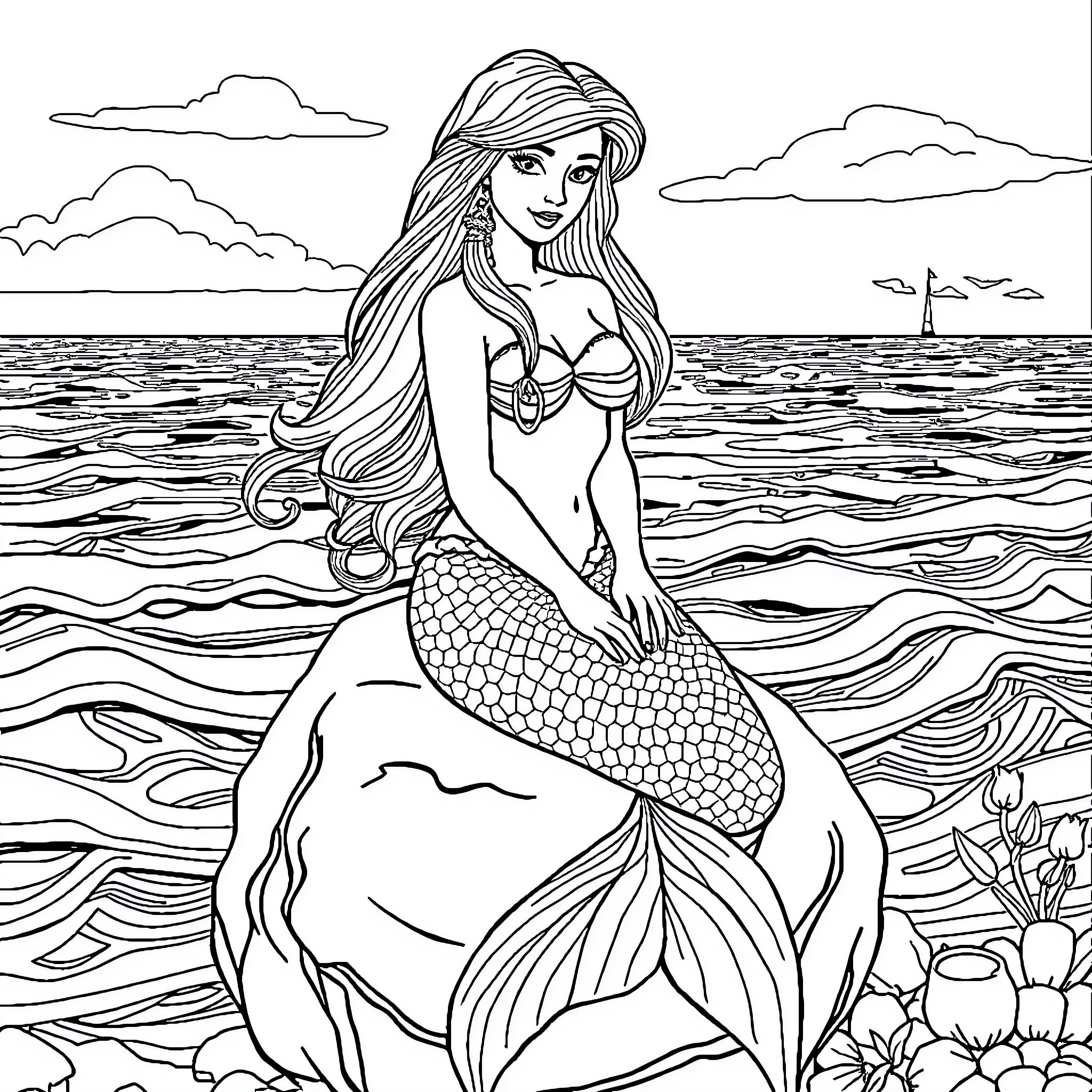 Mermaid enjoying the ocean scenery Coloring Page (free black-and-white line drawing printable PDF for all, from beginners to advanced learners, including children, teens, adults, and seniors)