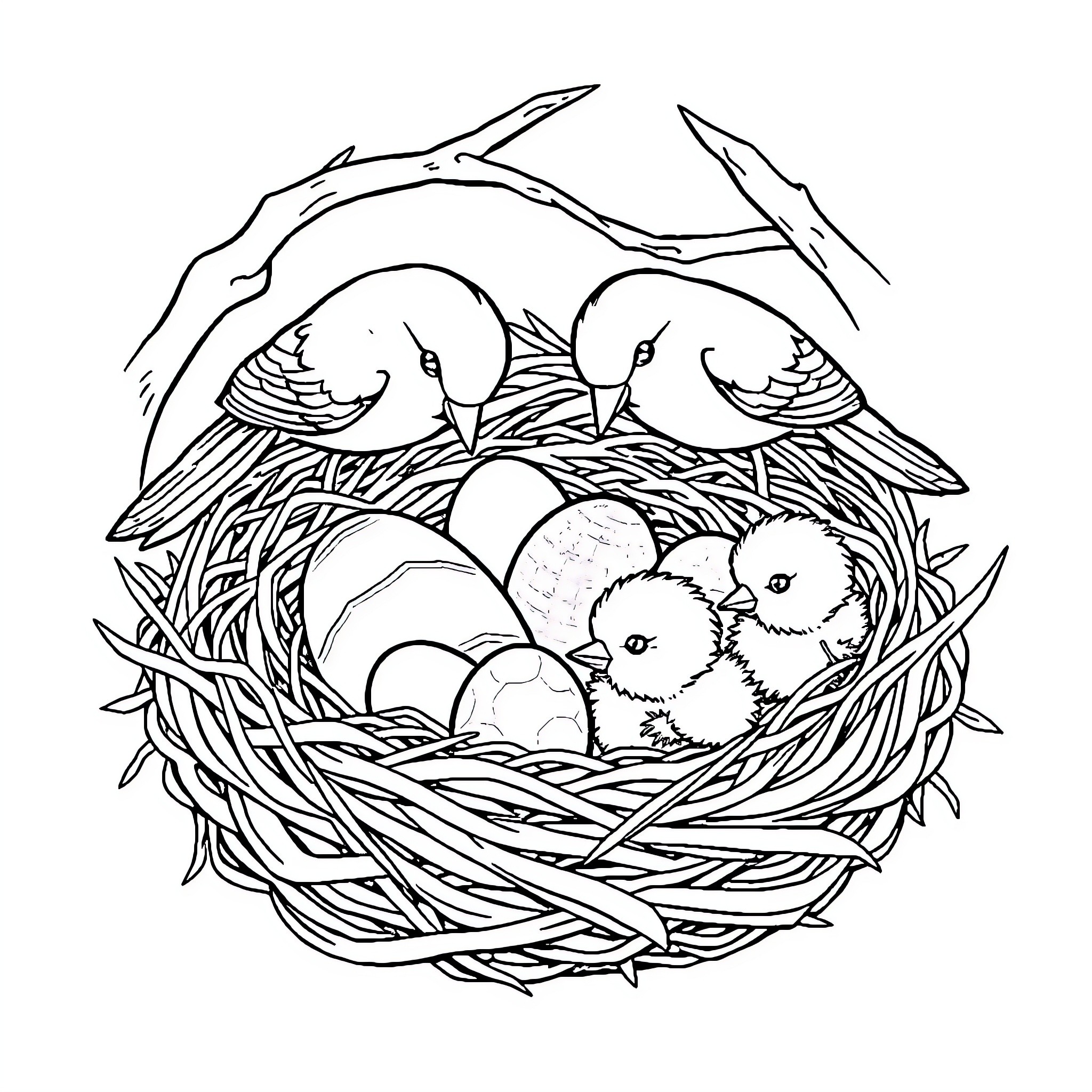 Bird nest with hatchlings and eggs Coloring Page (free black-and-white line drawing printable PDF for all, from beginners to advanced learners, including children, teens, adults, and seniors)