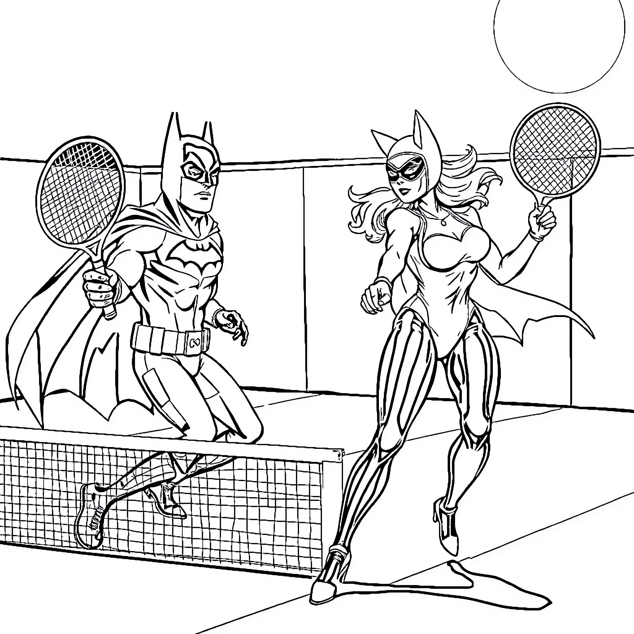 Batman and Catwoman playing tennis on court Coloring Page (free black-and-white line drawing printable PDF for all, from beginners to advanced learners, including children, teens, adults, and seniors)