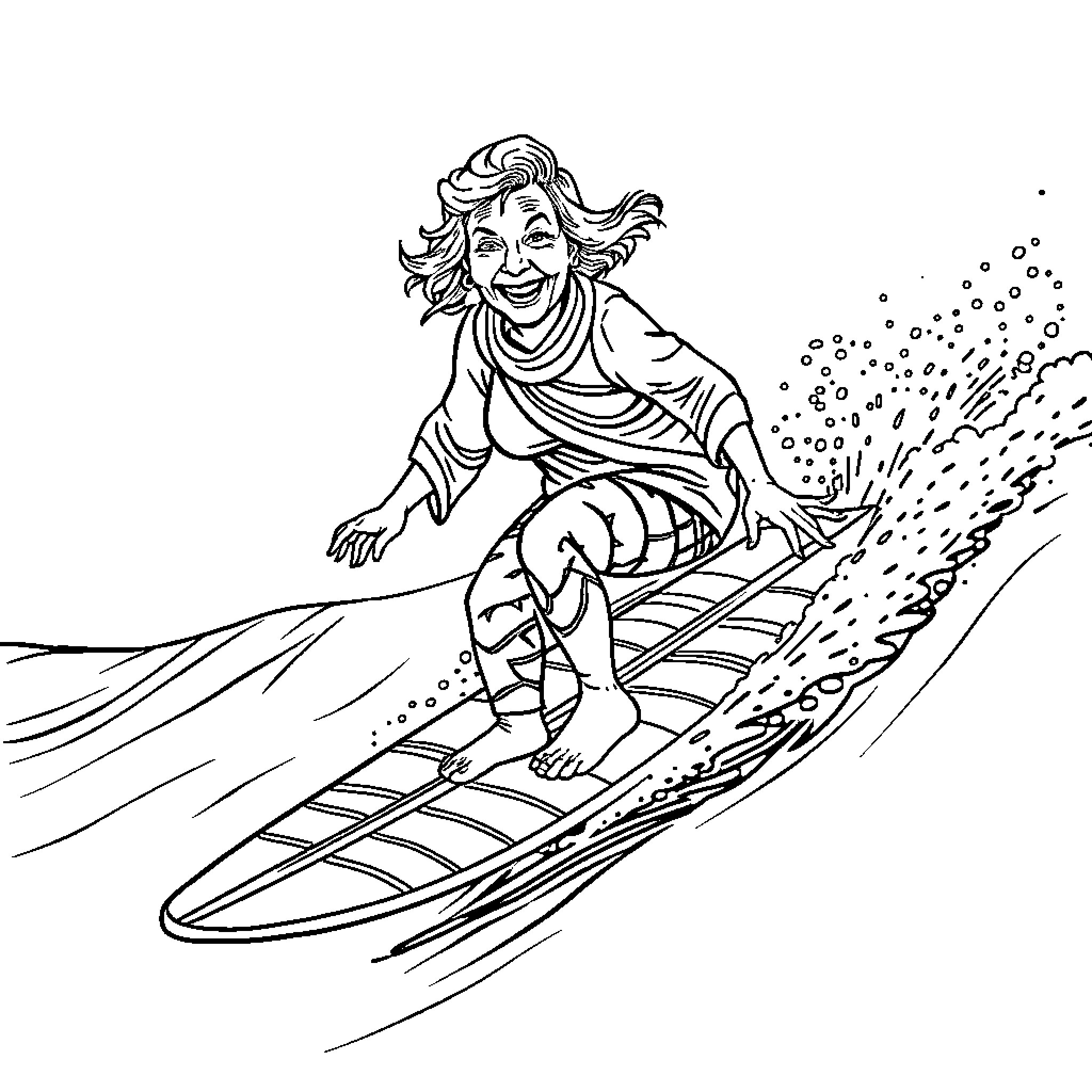Lady Surfer Riding Waves Joyfully Coloring Page (free black-and-white line drawing printable PDF for all, from beginners to advanced learners, including children, teens, adults, and seniors)