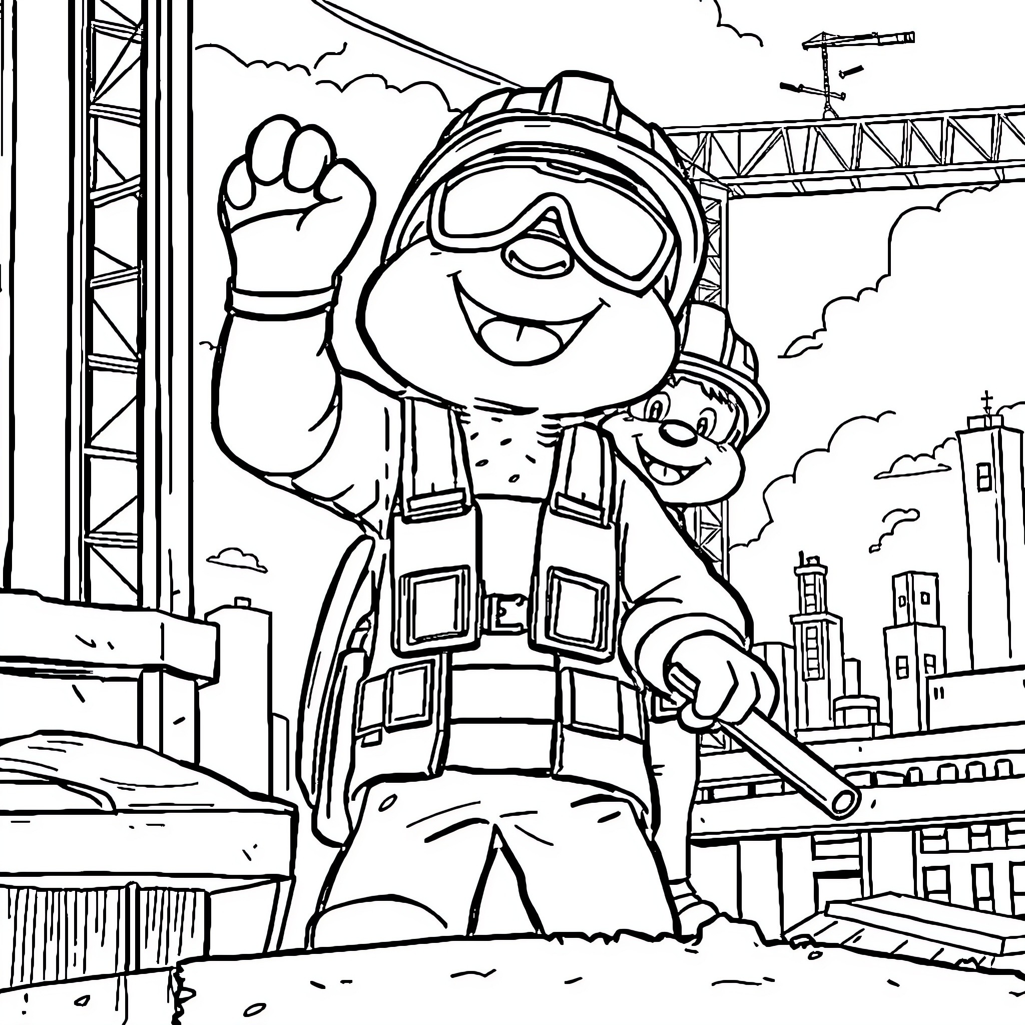 Paw Patrol firefighter waving enthusiastically on the job Coloring Page (free black-and-white line drawing printable PDF for all, from beginners to advanced learners, including children, teens, adults, and seniors)