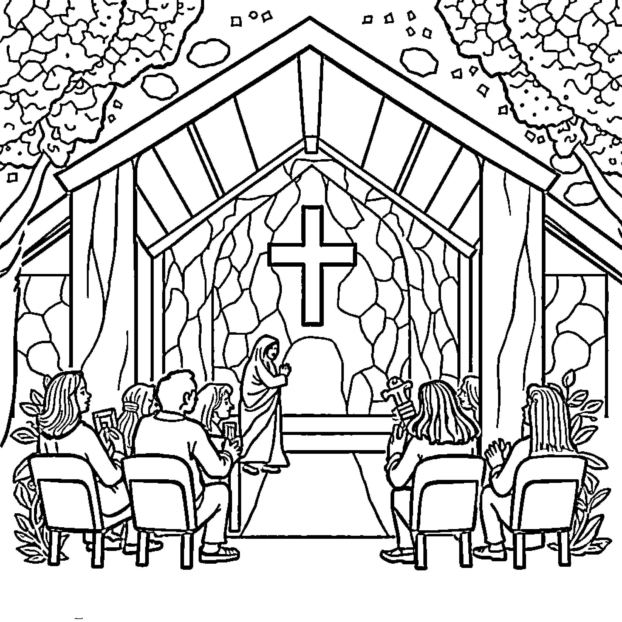 Christ Presiding over Religious Service Coloring Page (free black-and-white line drawing printable PDF for all, from beginners to advanced learners, including children, teens, adults, and seniors)