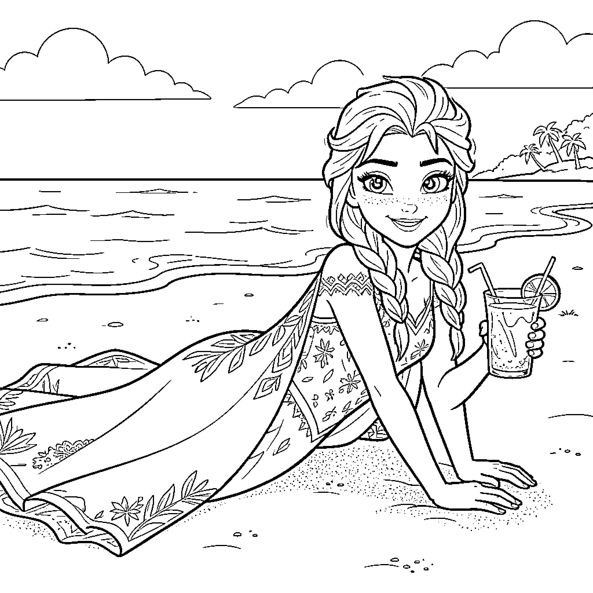Elsa relaxing on the beach with a refreshing drink Coloring Page (free black-and-white line drawing printable PDF for all, from beginners to advanced learners, including children, teens, adults, and seniors)