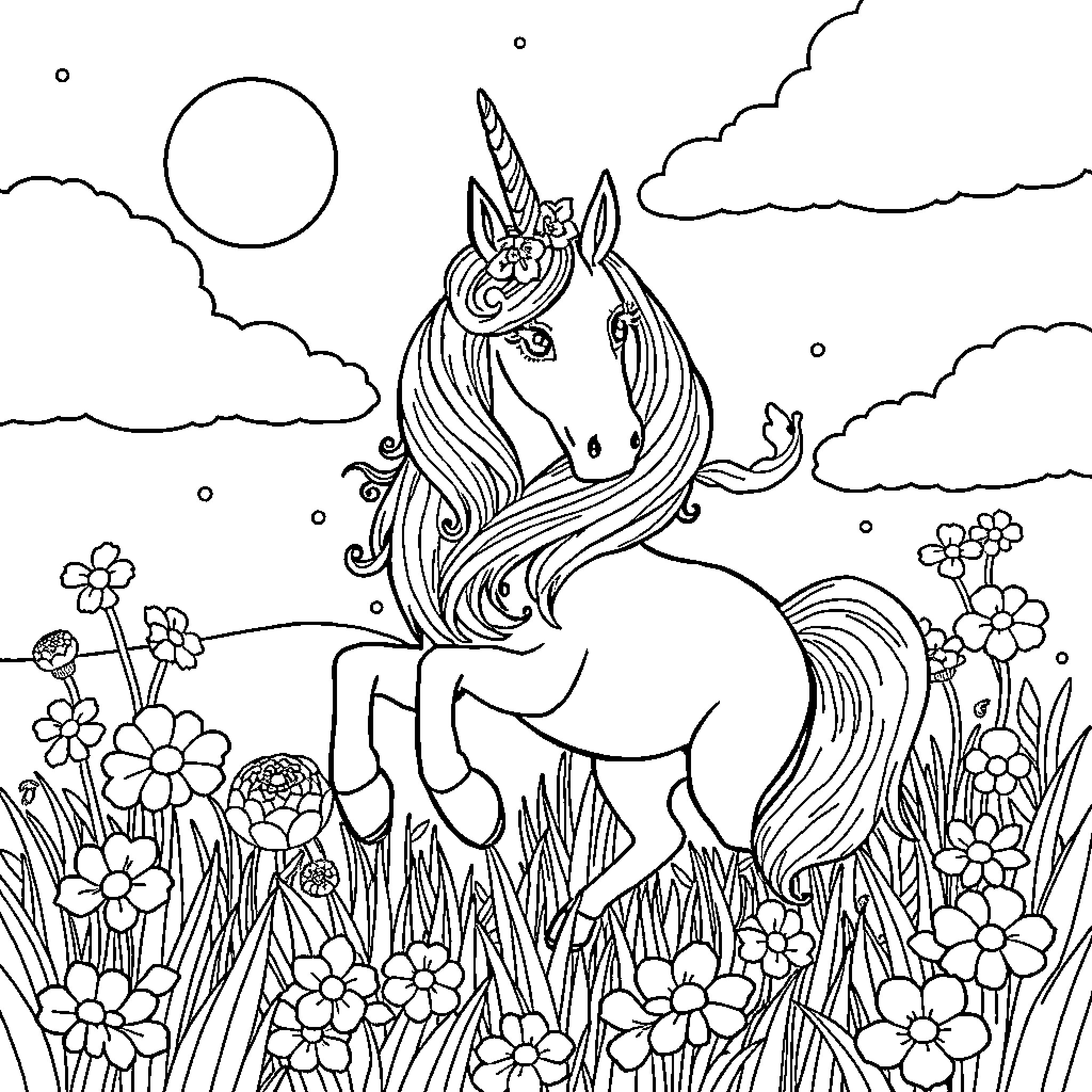 Unicorn standing amidst flowers and clouds in the sky Coloring Page (free black-and-white line drawing printable PDF for all, from beginners to advanced learners, including children, teens, adults, and seniors)