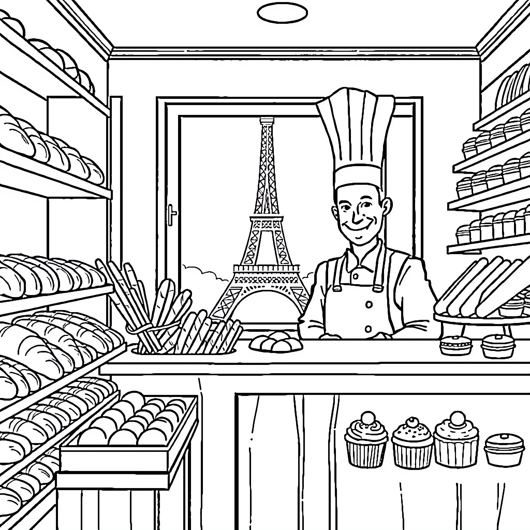 Bakery with Chef and Parisian Scene Coloring Page (free black-and-white line drawing printable PDF for all, from beginners to advanced learners, including children, teens, adults, and seniors)