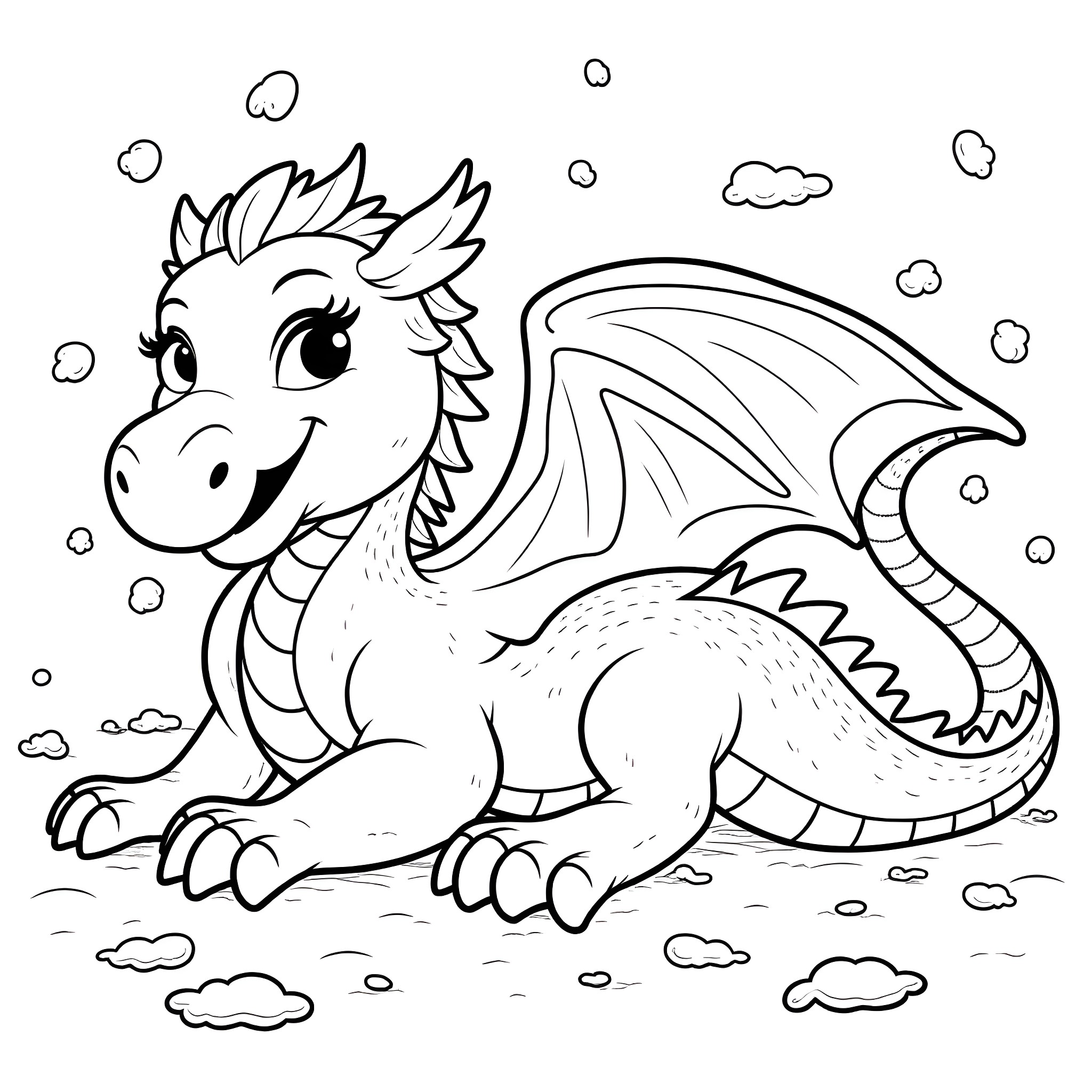Dragon smiling in a snowy landscape Coloring Page (free black-and-white line drawing printable PDF for all, from beginners to advanced learners, including children, teens, adults, and seniors)