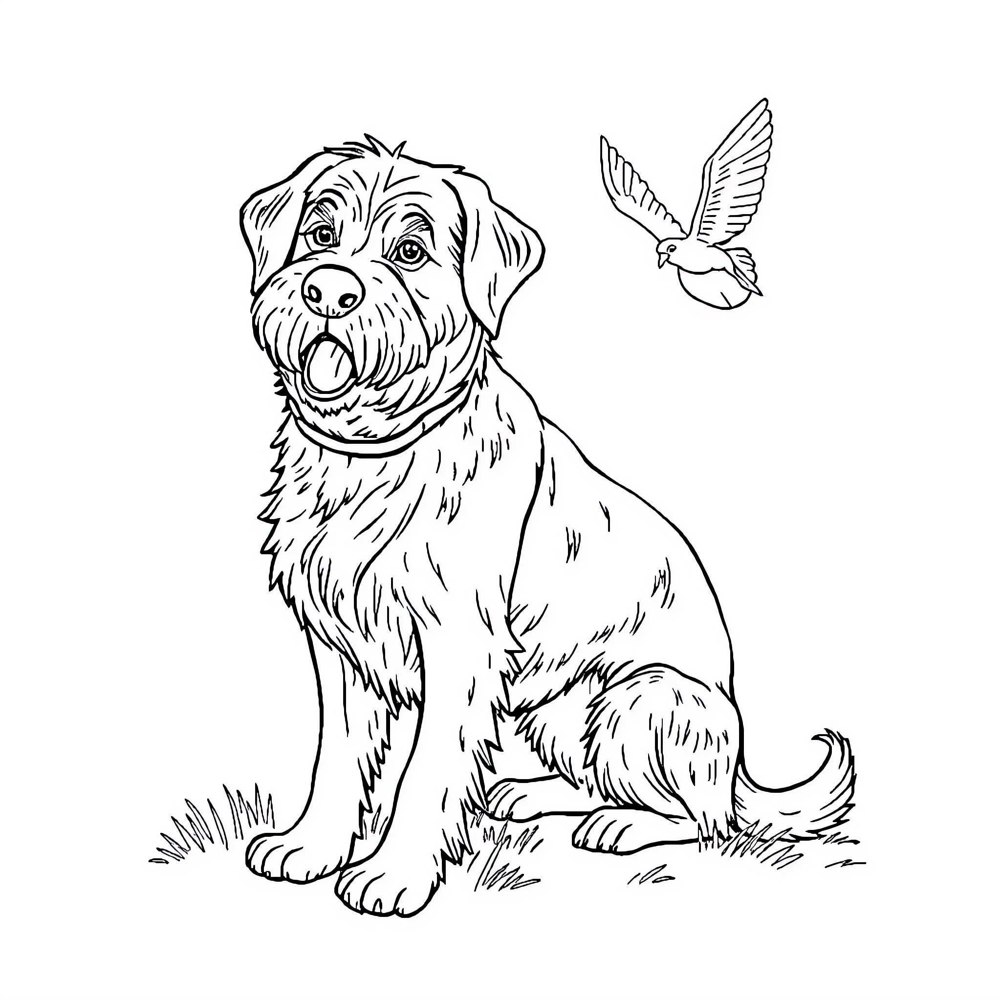 Dog watching a bird fly by Coloring Page (free black-and-white line drawing printable PDF for all, from beginners to advanced learners, including children, teens, adults, and seniors)