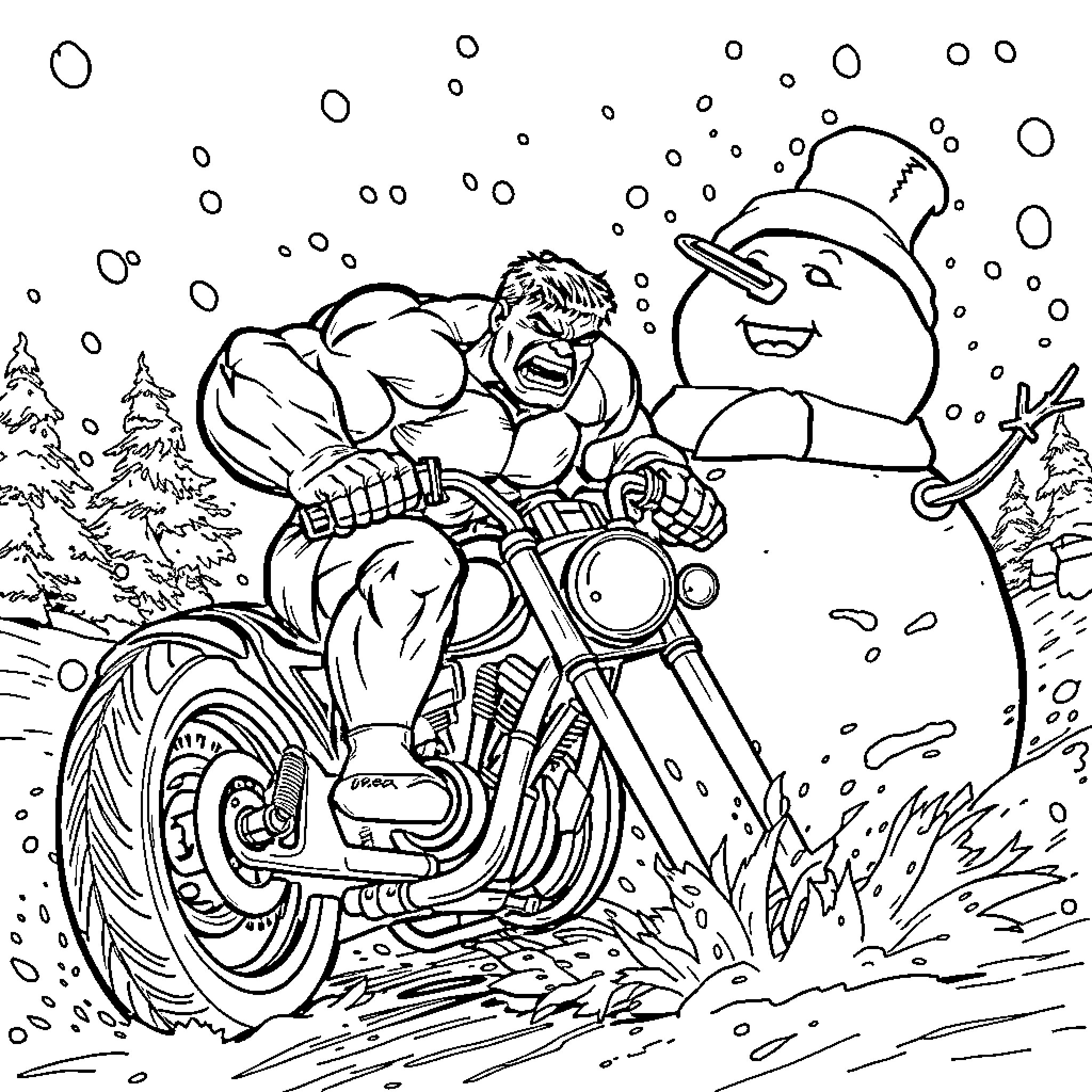Hulk riding a motorcycle in a snowy scene Coloring Page (free black-and-white line drawing printable PDF for all, from beginners to advanced learners, including children, teens, adults, and seniors)