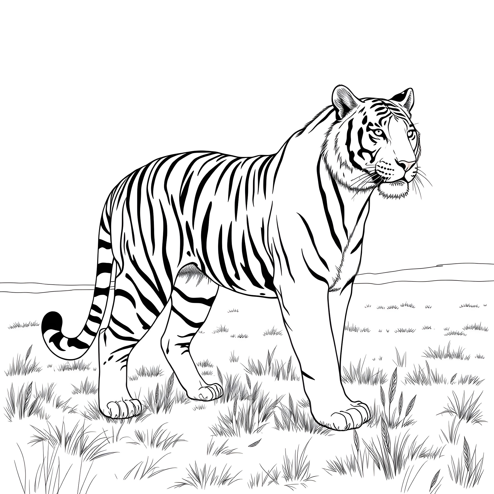 Tiger Standing Tall in the Grasslands Coloring Page (free black-and-white line drawing printable PDF for all, from beginners to advanced learners, including children, teens, adults, and seniors)