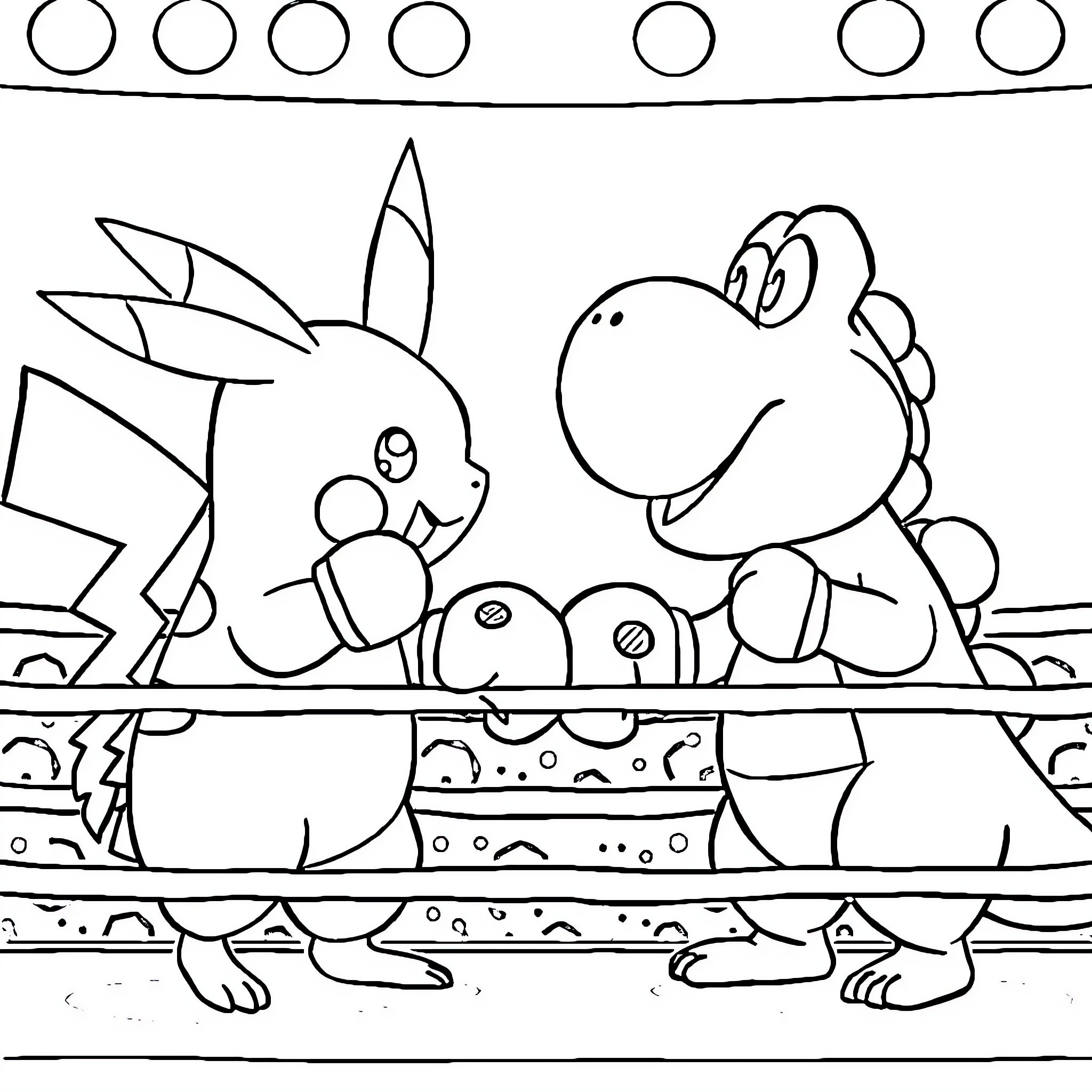 Pikachu and Yoshi playing together Coloring Page (free black-and-white line drawing printable PDF for all, from beginners to advanced learners, including children, teens, adults, and seniors)