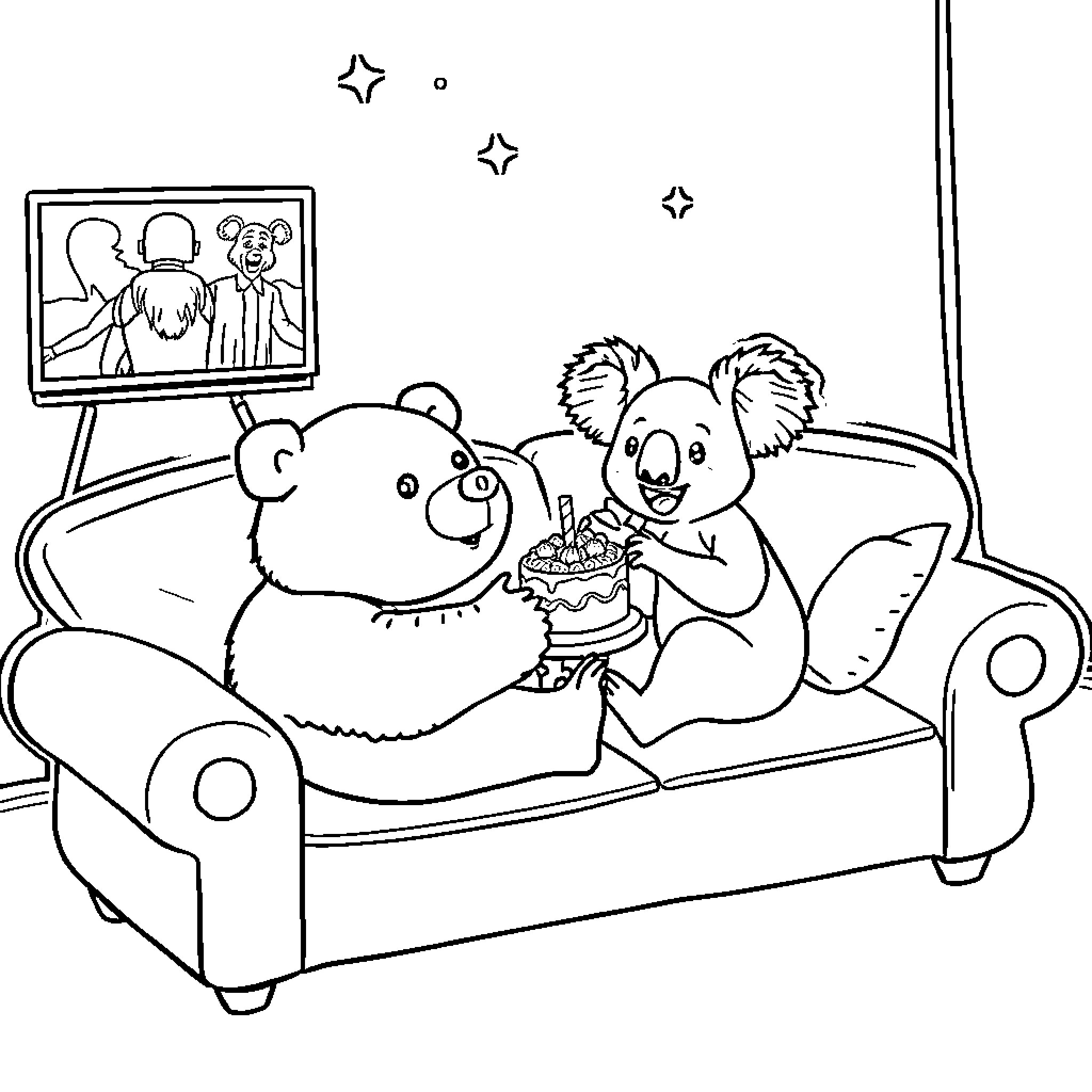 Bear celebrating birthday with koala friend Coloring Page (free black-and-white line drawing printable PDF for all, from beginners to advanced learners, including children, teens, adults, and seniors)