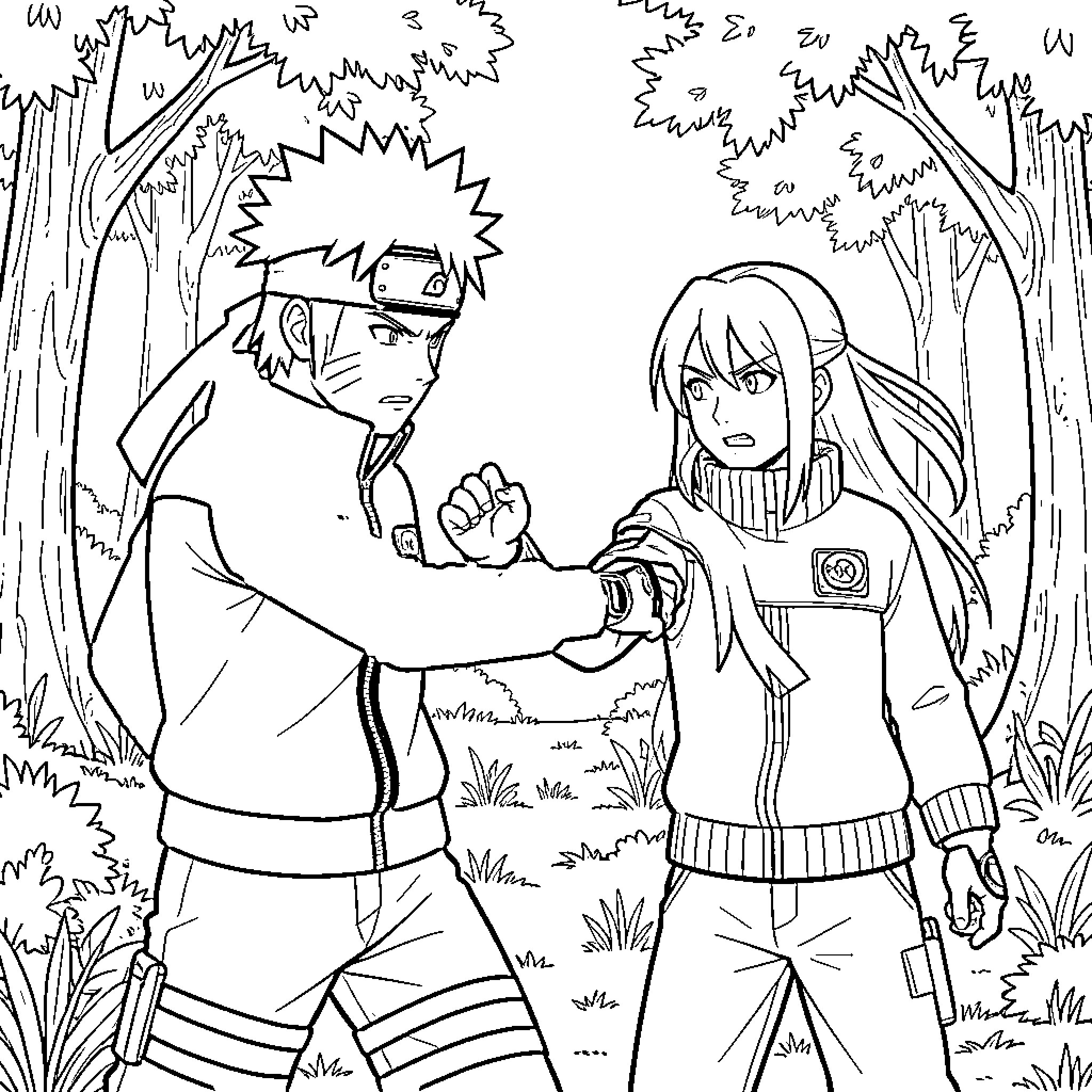Naruto and Friend Exploring the Forest Coloring Page (free black-and-white line drawing printable PDF for all, from beginners to advanced learners, including children, teens, adults, and seniors)