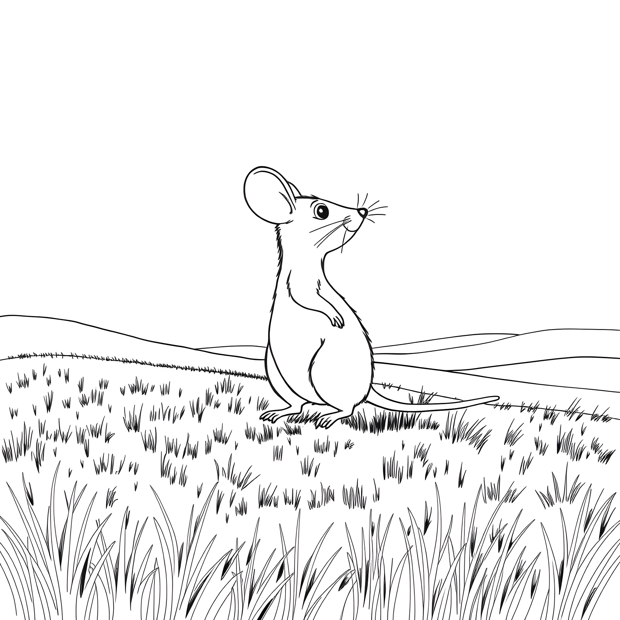 Mouse exploring the grassy field Coloring Page (free black-and-white line drawing printable PDF for all, from beginners to advanced learners, including children, teens, adults, and seniors)