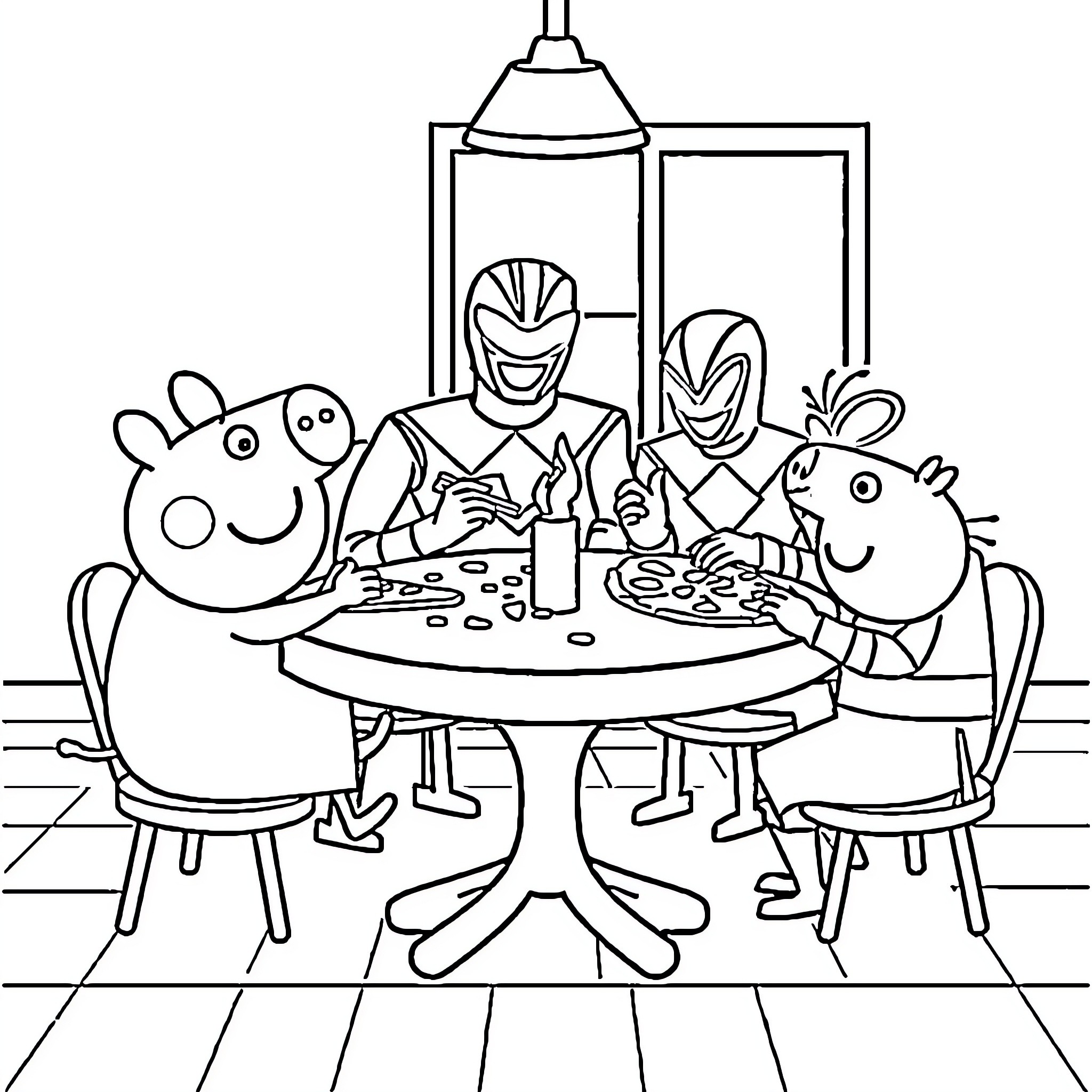 Peppa Pig family enjoying a meal together Coloring Page (free black-and-white line drawing printable PDF for all, from beginners to advanced learners, including children, teens, adults, and seniors)