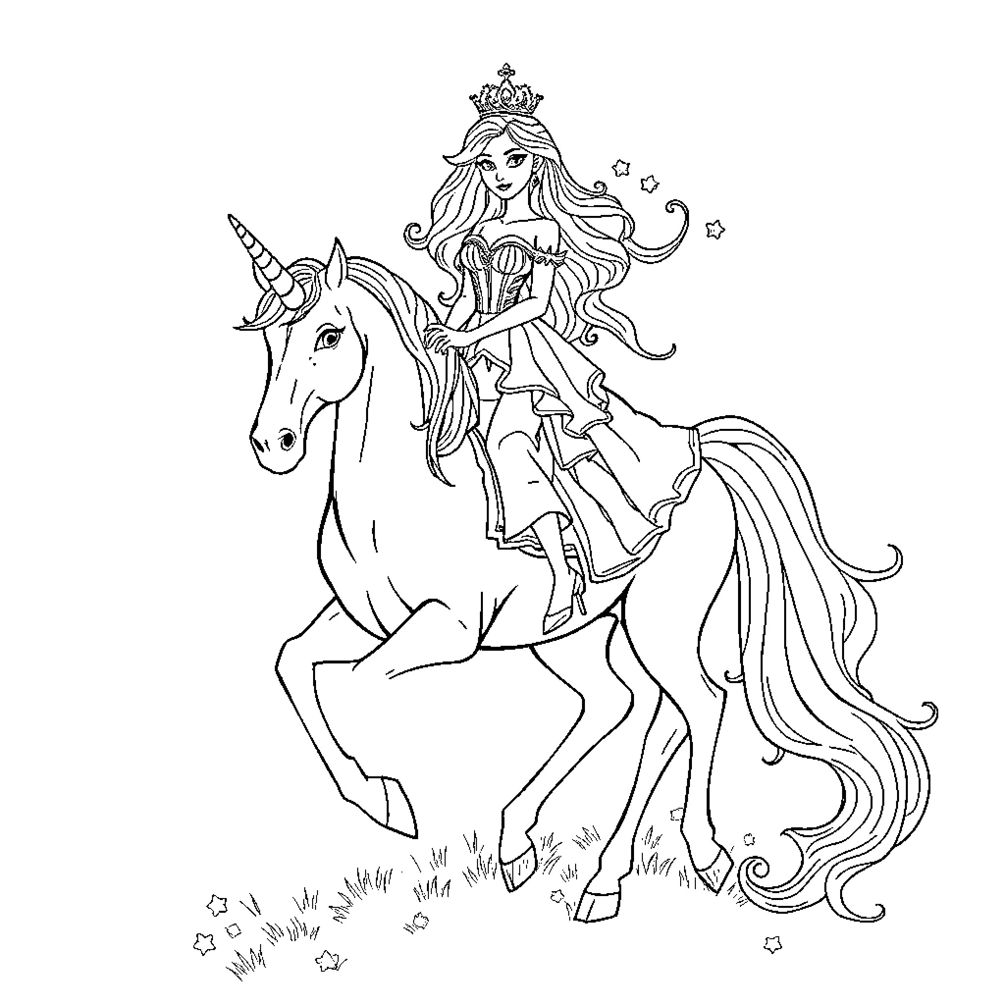 Princess riding a unicorn in a magical field Coloring Page (free black-and-white line drawing printable PDF for all, from beginners to advanced learners, including children, teens, adults, and seniors)