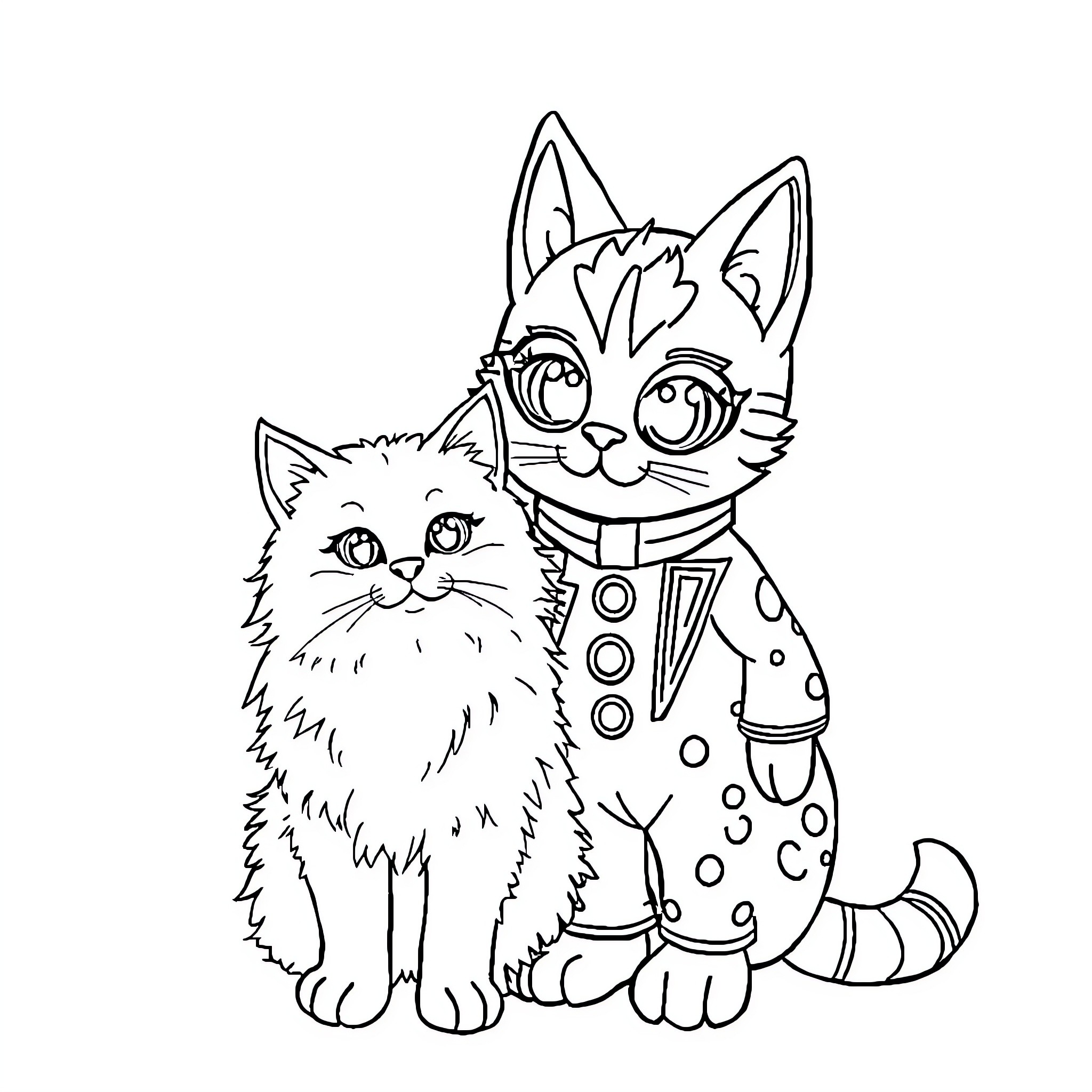Cats wearing fun and quirky outfits Coloring Page (free black-and-white line drawing printable PDF for all, from beginners to advanced learners, including children, teens, adults, and seniors)