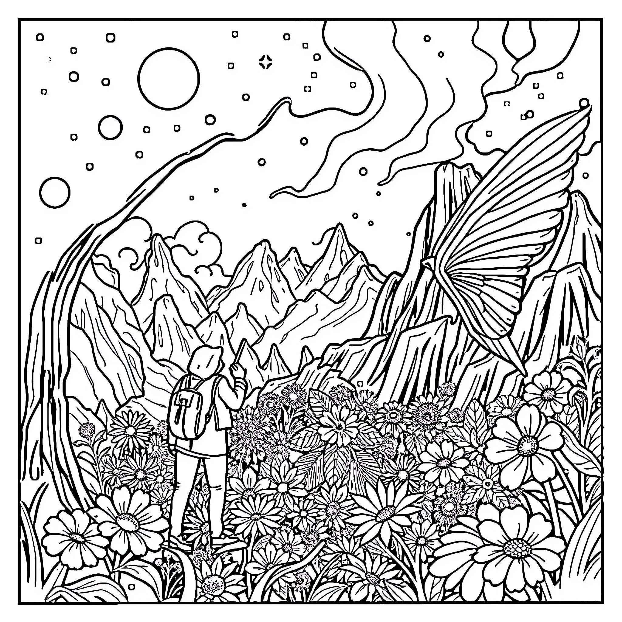 Caller exploring fantastical nature scene Coloring Page (free black-and-white line drawing printable PDF for all, from beginners to advanced learners, including children, teens, adults, and seniors)