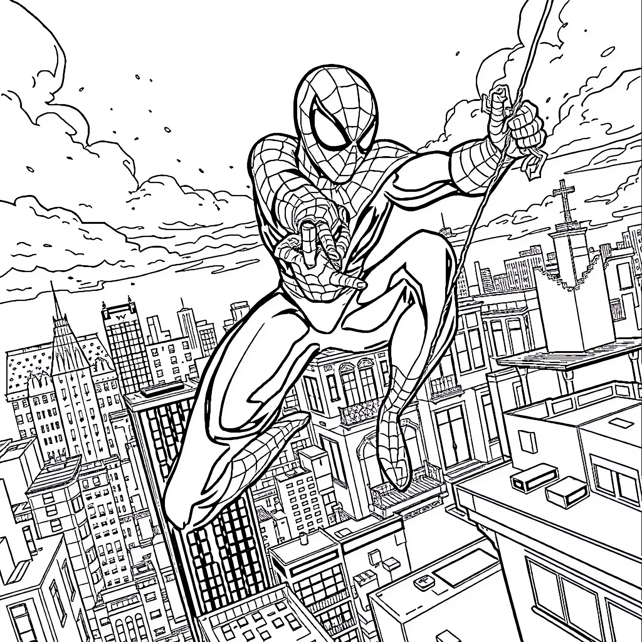 Spiderman swinging heroically through the cityscape Coloring Page (free black-and-white line drawing printable PDF for all, from beginners to advanced learners, including children, teens, adults, and seniors)