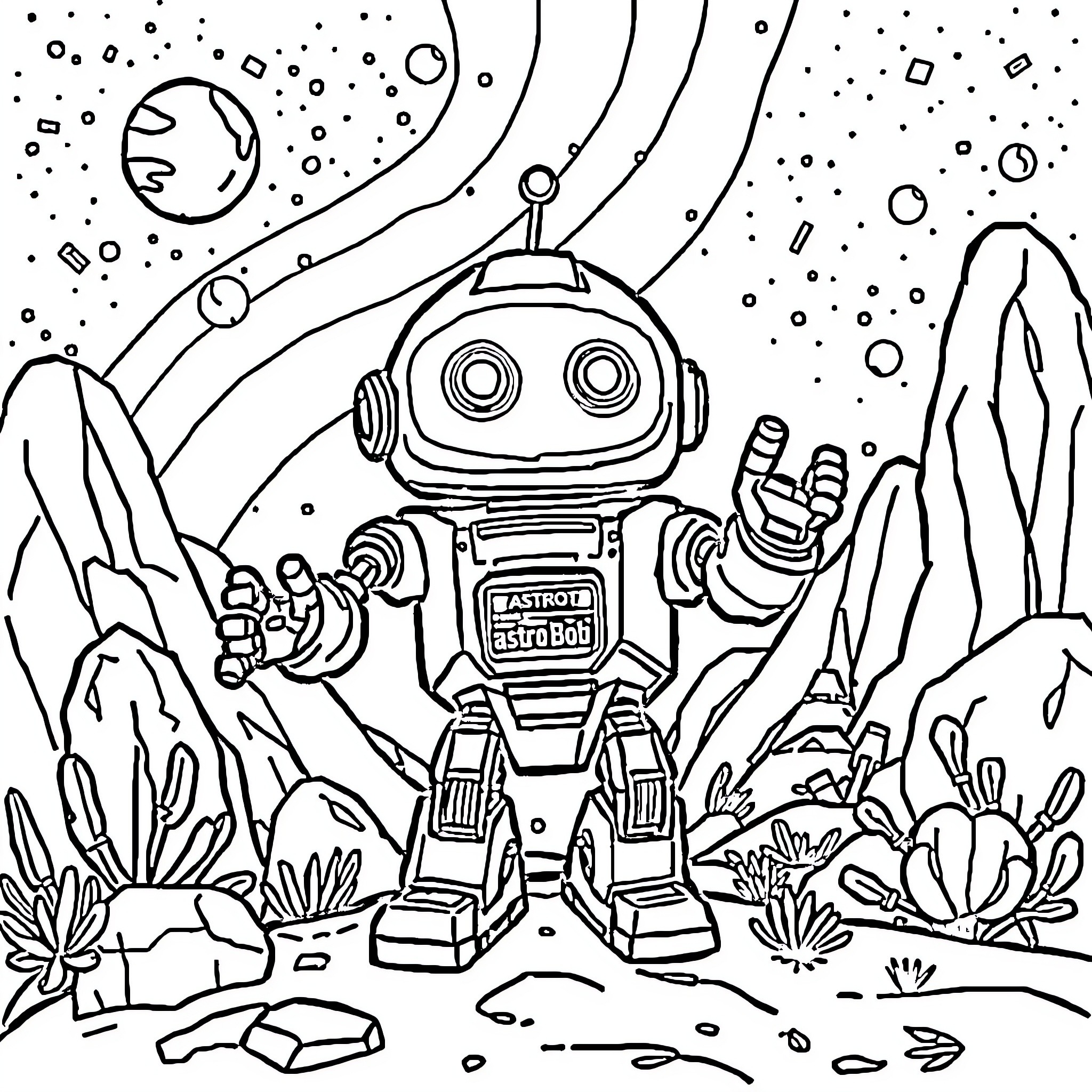 Astro Bot Exploring the Cosmic Landscape Coloring Page (free black-and-white line drawing printable PDF for all, from beginners to advanced learners, including children, teens, adults, and seniors)