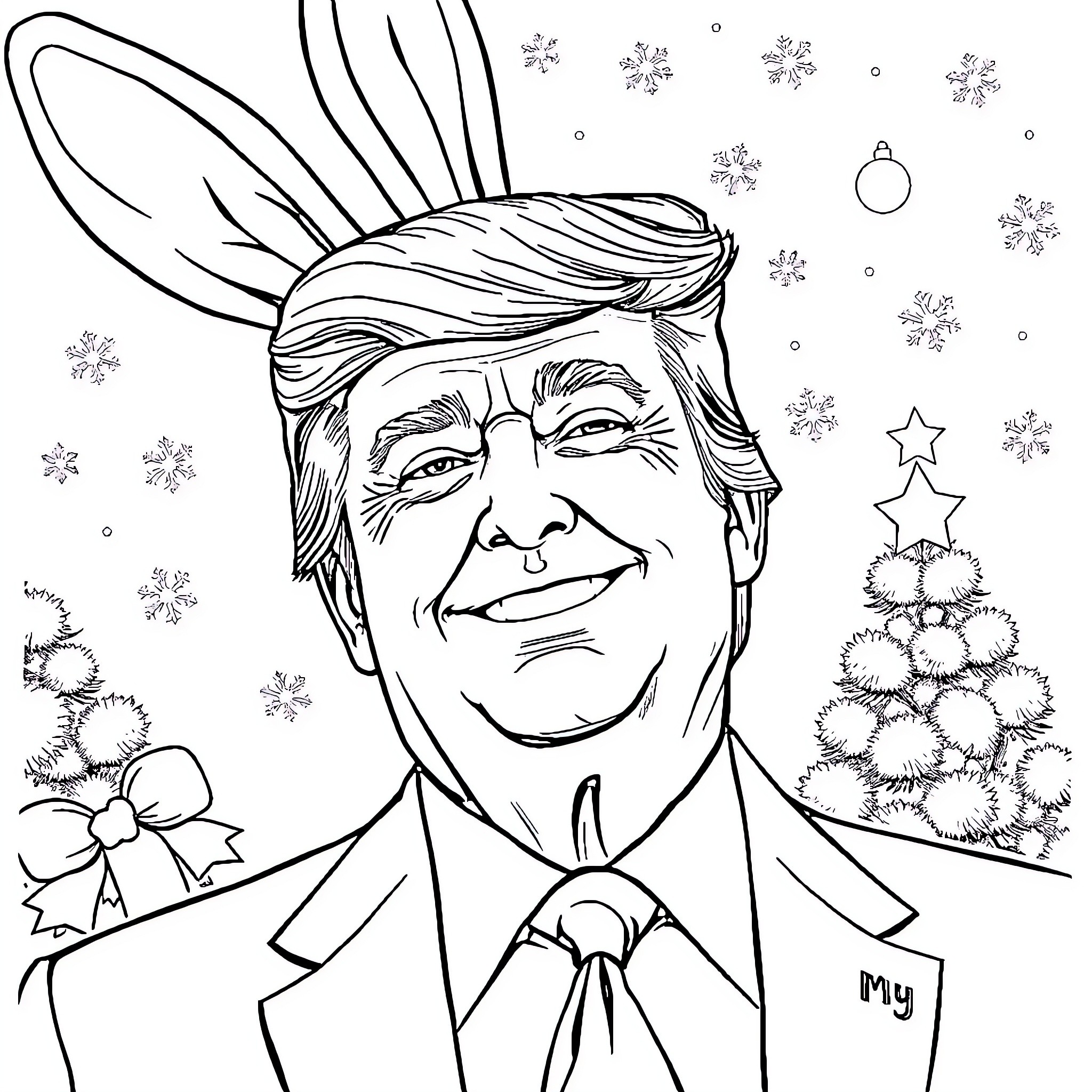 Trump Dressed as Bunny Amid Festive Holiday Decorations Coloring Page (free black-and-white line drawing printable PDF for all, from beginners to advanced learners, including children, teens, adults, and seniors)