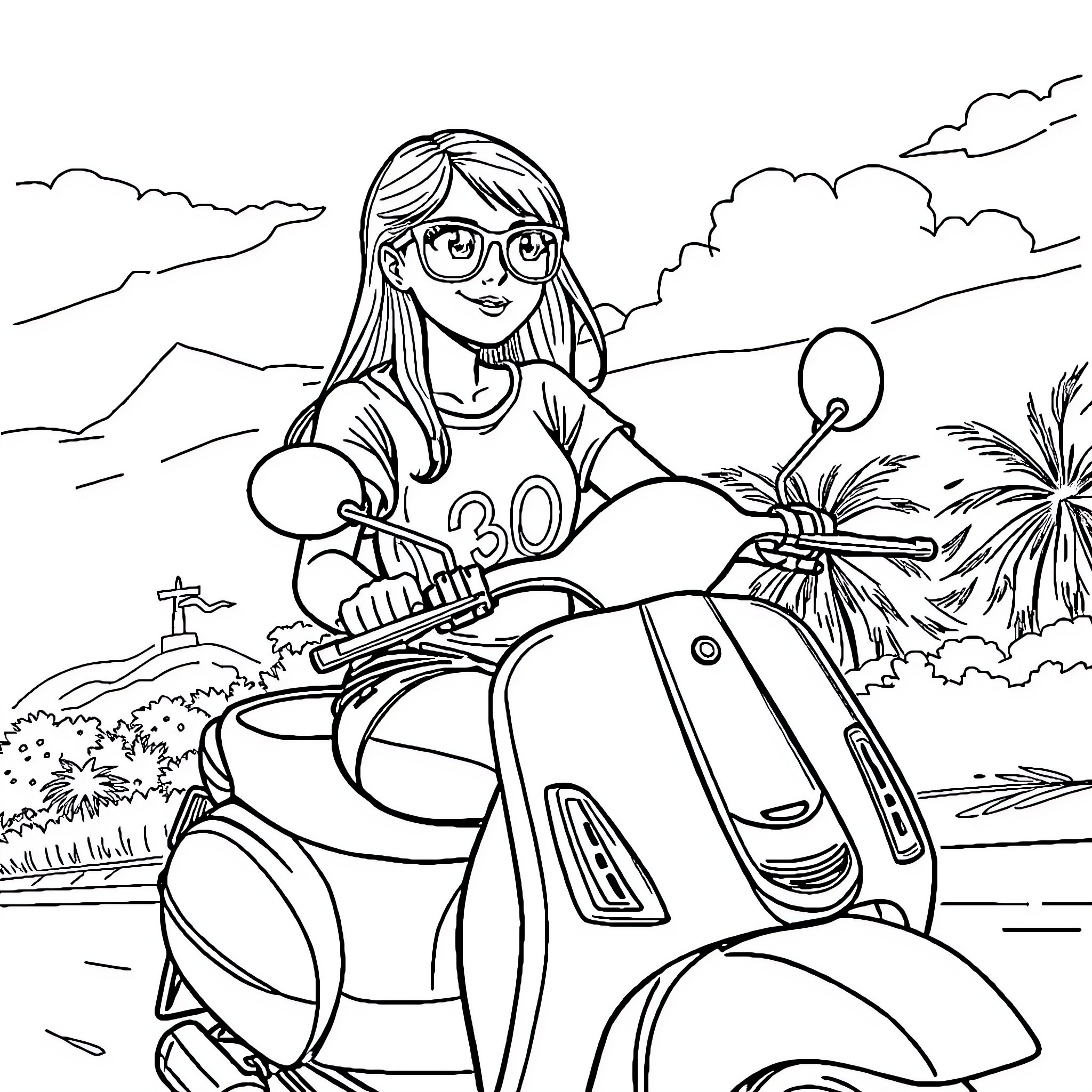 Fille riding scooter in scenic landscape Coloring Page (free black-and-white line drawing printable PDF for all, from beginners to advanced learners, including children, teens, adults, and seniors)