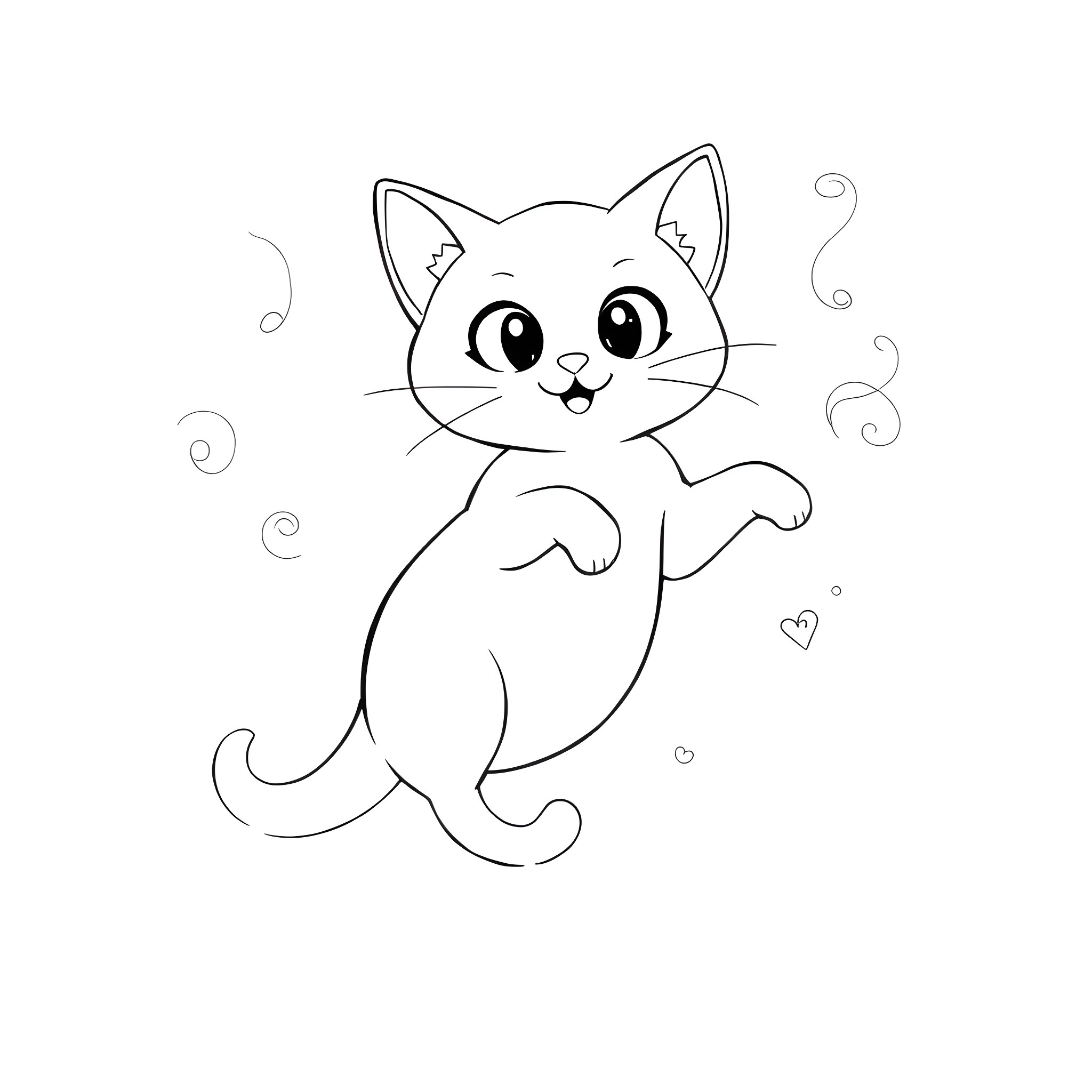 Ghost Cat playing with hearts and stars Coloring Page (free black-and-white line drawing printable PDF for all, from beginners to advanced learners, including children, teens, adults, and seniors)