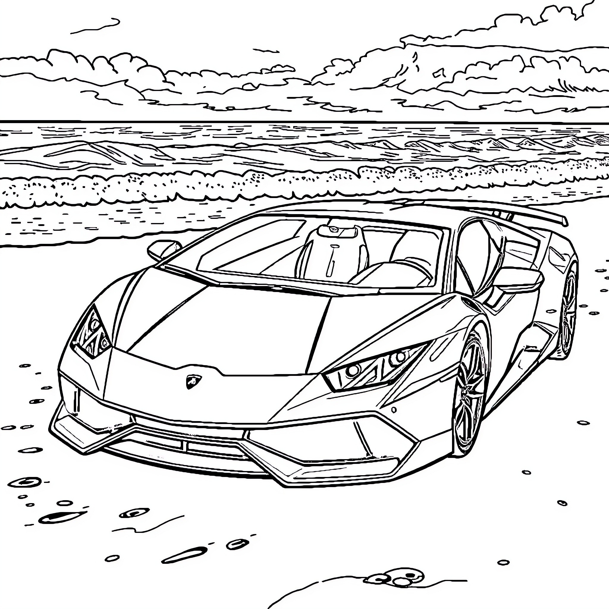 Lamborghini speeding through scenic coastline Coloring Page (free black-and-white line drawing printable PDF for all, from beginners to advanced learners, including children, teens, adults, and seniors)