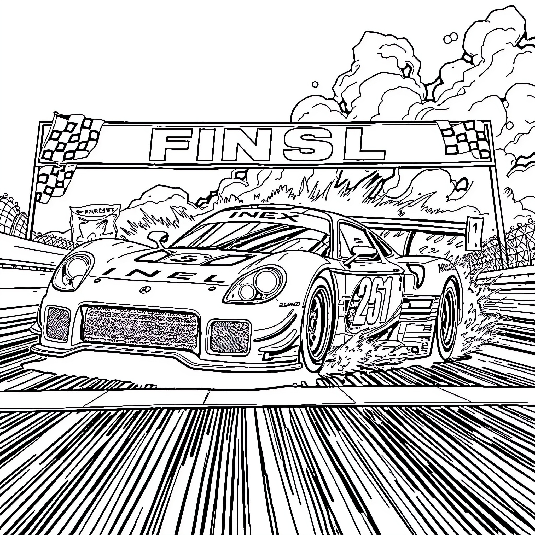 Race Car Speeding Through Finish Line Coloring Page (free black-and-white line drawing printable PDF for all, from beginners to advanced learners, including children, teens, adults, and seniors)