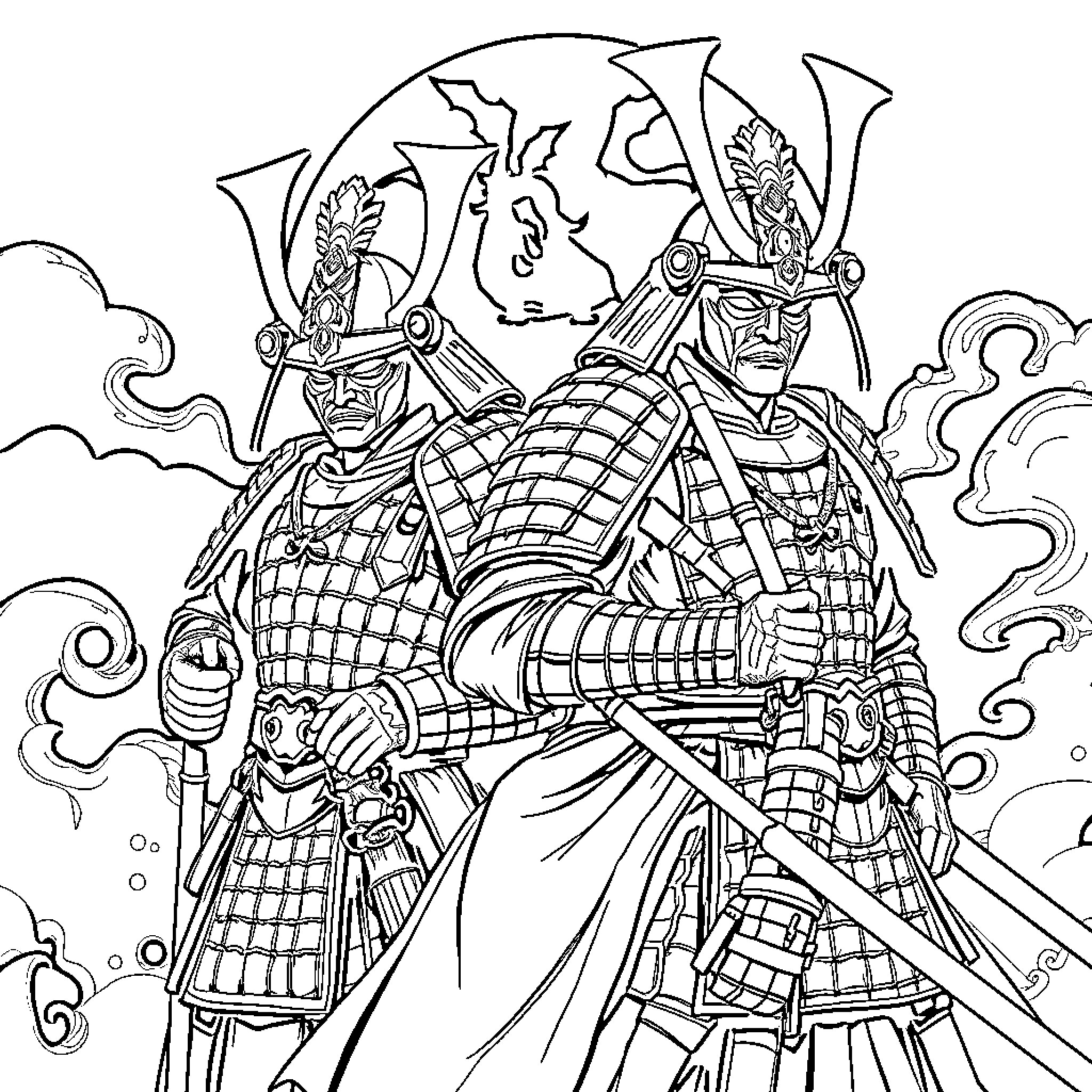 Raiden Shogun Commanding Her Samurai Warriors Coloring Page (free black-and-white line drawing printable PDF for all, from beginners to advanced learners, including children, teens, adults, and seniors)