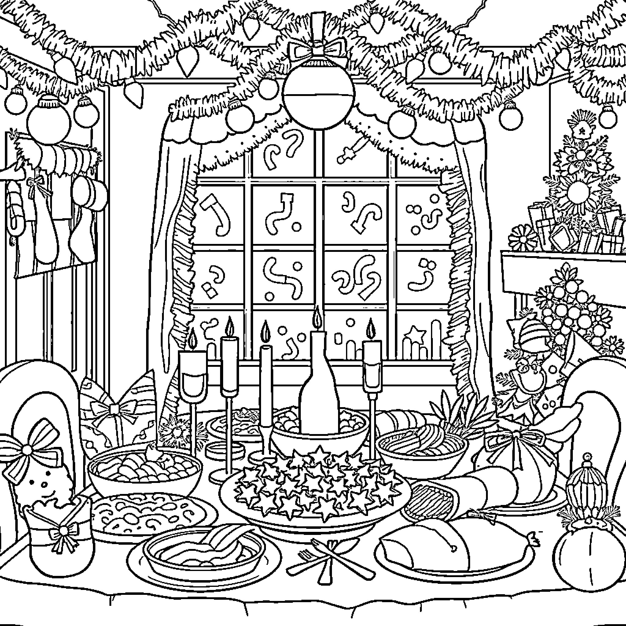 Christmas Feast with Festive Decorations and Delicious Dishes Coloring Page (free black-and-white line drawing printable PDF for all, from beginners to advanced learners, including children, teens, adults, and seniors)