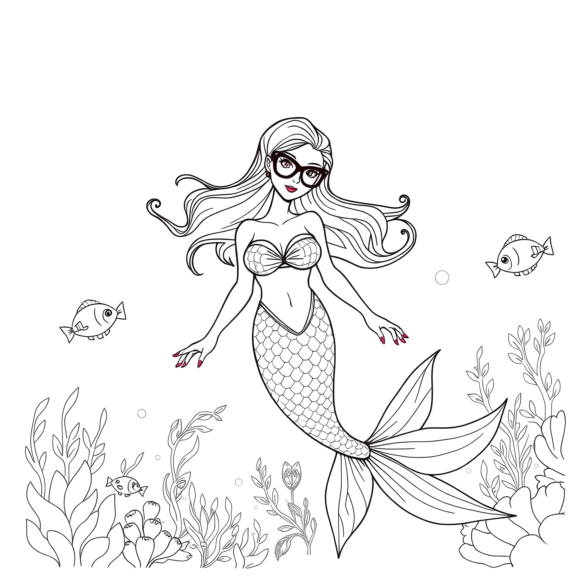 Mermaid swimming gracefully among sea creatures Coloring Page (free black-and-white line drawing printable PDF for all, from beginners to advanced learners, including children, teens, adults, and seniors)