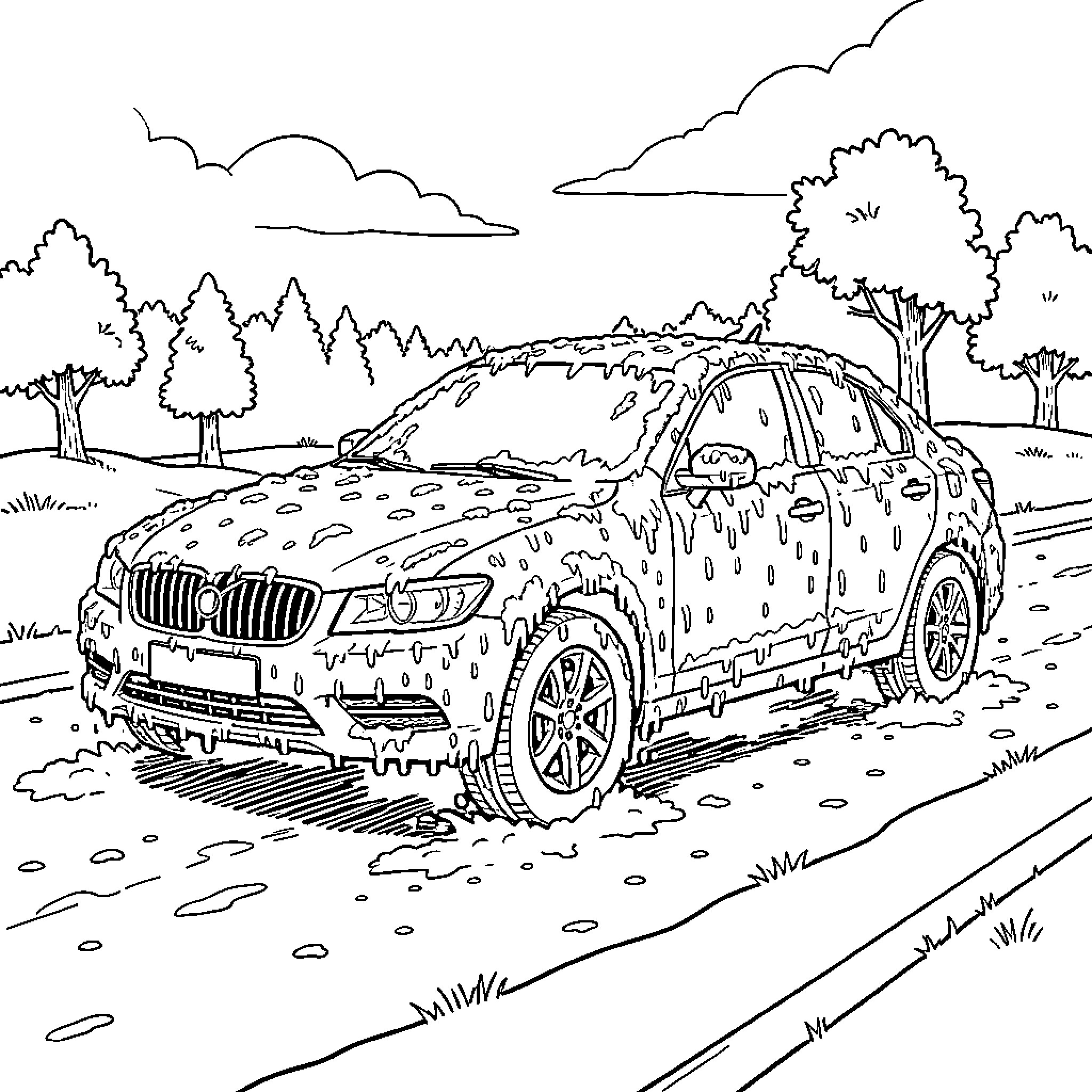 Car driving through muddy off-road terrain Coloring Page (free black-and-white line drawing printable PDF for all, from beginners to advanced learners, including children, teens, adults, and seniors)