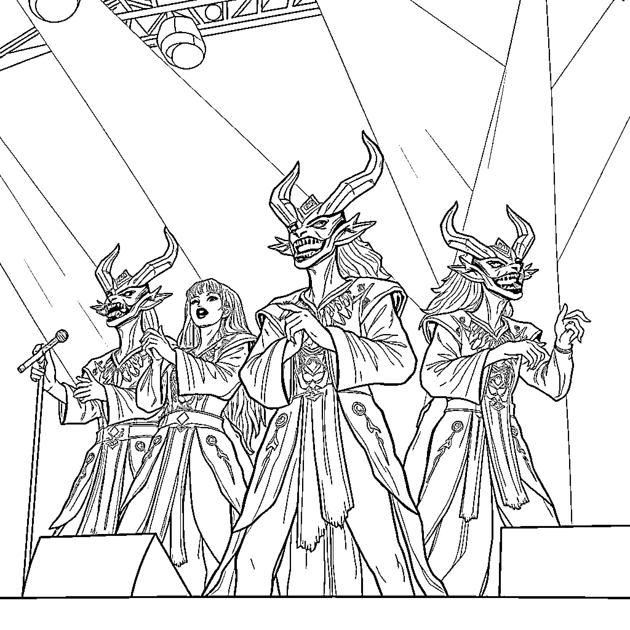 Demon Hunter Confronting Demonic Figures in Ritual Coloring Page (free black-and-white line drawing printable PDF for all, from beginners to advanced learners, including children, teens, adults, and seniors)