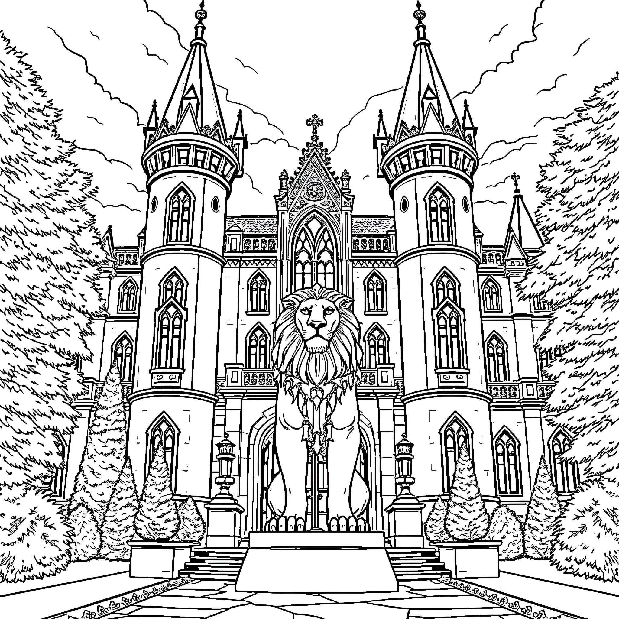 Castle with Ornate Architecture and Majestic Lion Statue Coloring Page (free black-and-white line drawing printable PDF for all, from beginners to advanced learners, including children, teens, adults, and seniors)