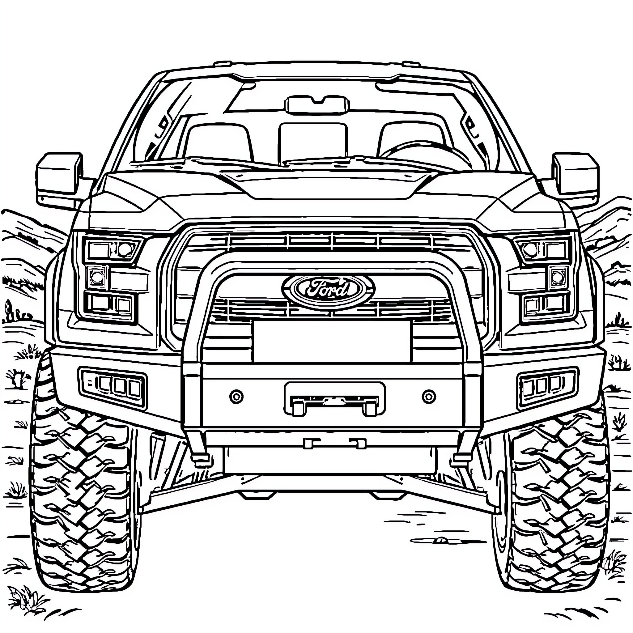 Ford F-150 rugged off-road truck in outline drawing Coloring Page (free black-and-white line drawing printable PDF for all, from beginners to advanced learners, including children, teens, adults, and seniors)