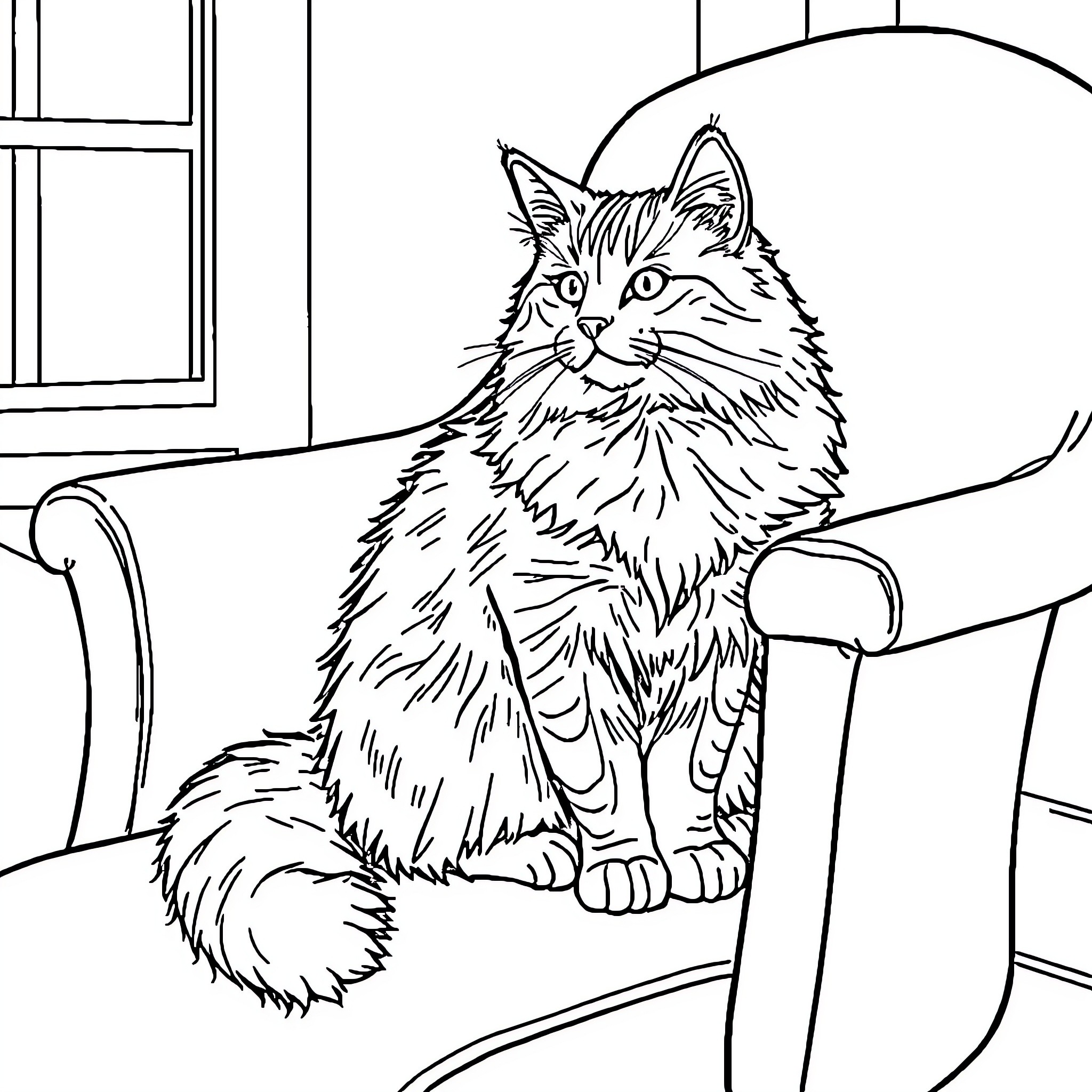 Cat sitting calmly on a chair Coloring Page (free black-and-white line drawing printable PDF for all, from beginners to advanced learners, including children, teens, adults, and seniors)