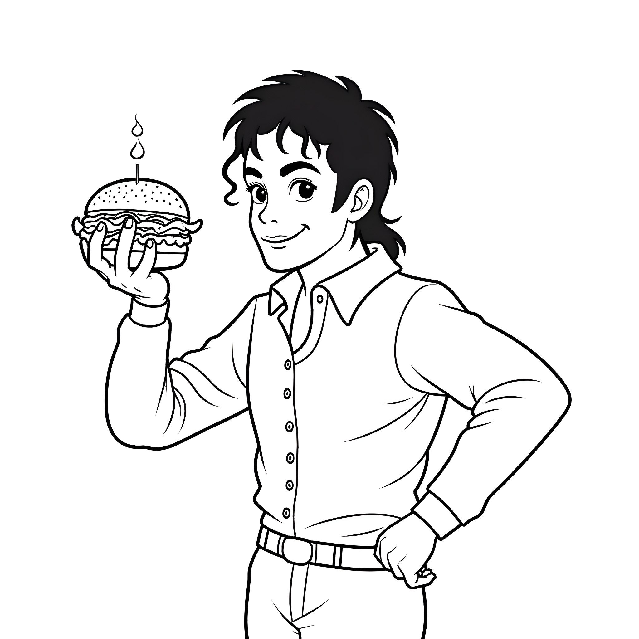Michael Jackson enjoying a burger in a diner Coloring Page (free black-and-white line drawing printable PDF for all, from beginners to advanced learners, including children, teens, adults, and seniors)