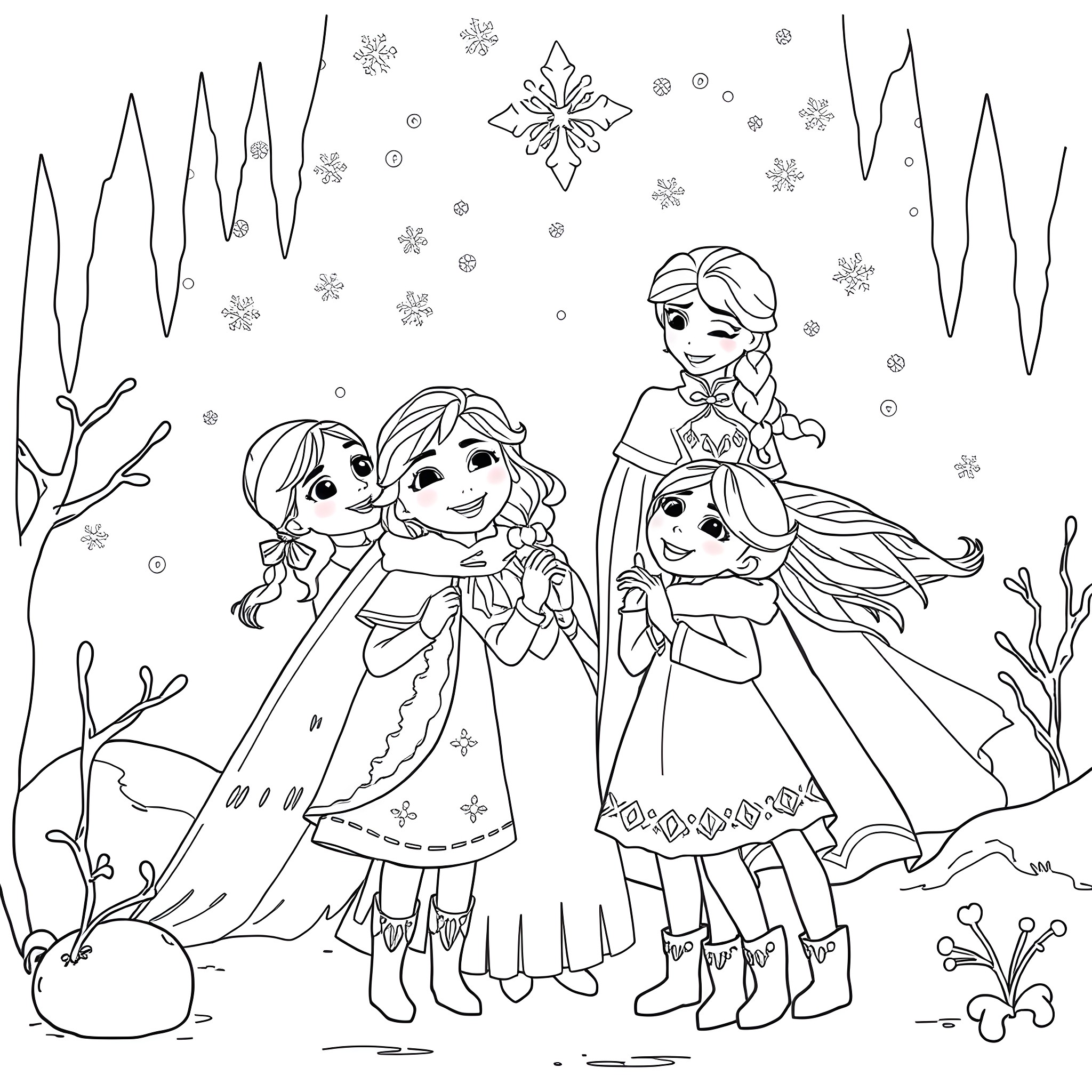 Elsa and her friends enjoy a winter wonderland Coloring Page (free black-and-white line drawing printable PDF for all, from beginners to advanced learners, including children, teens, adults, and seniors)