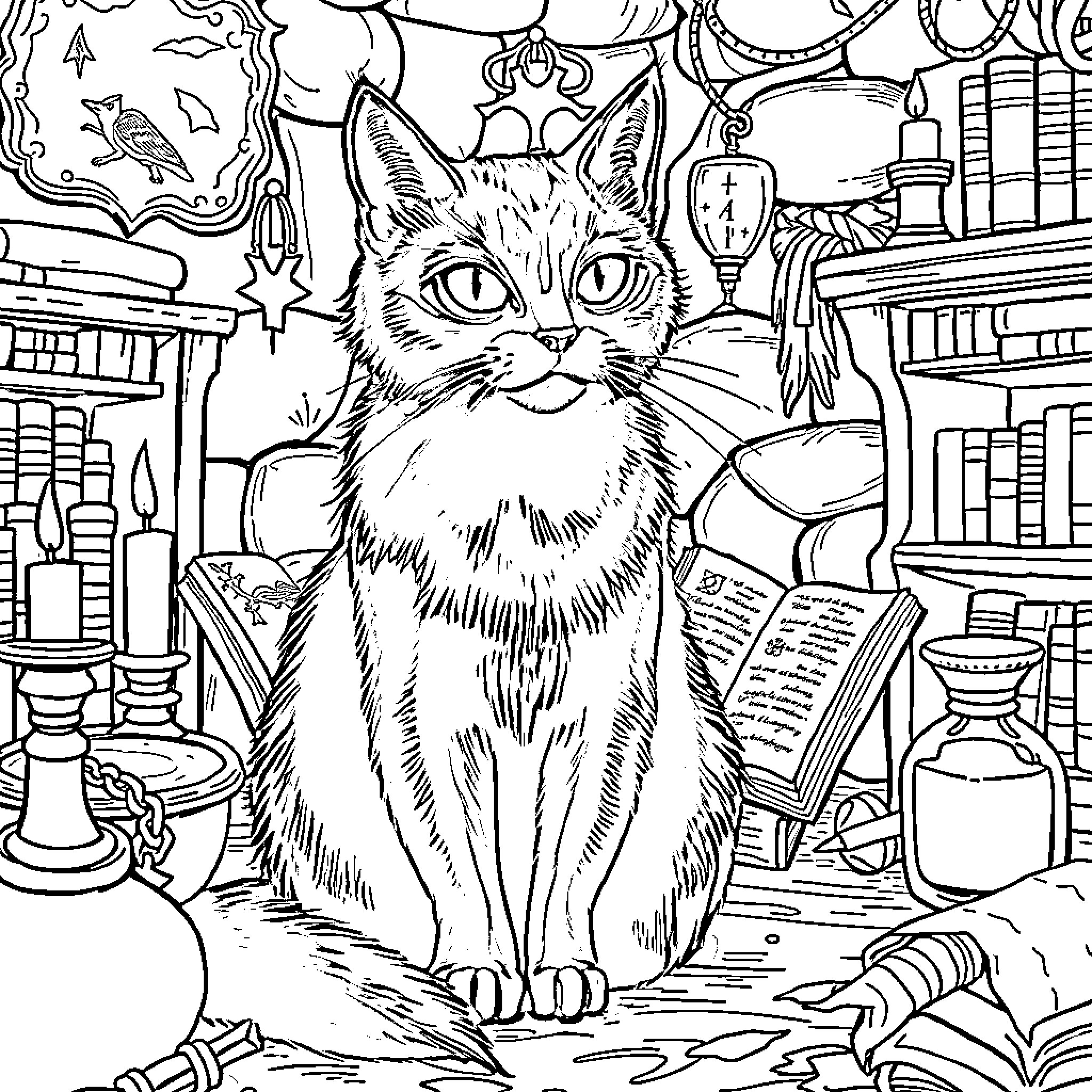 Cat reading books in a cluttered room Coloring Page (free black-and-white line drawing printable PDF for all, from beginners to advanced learners, including children, teens, adults, and seniors)