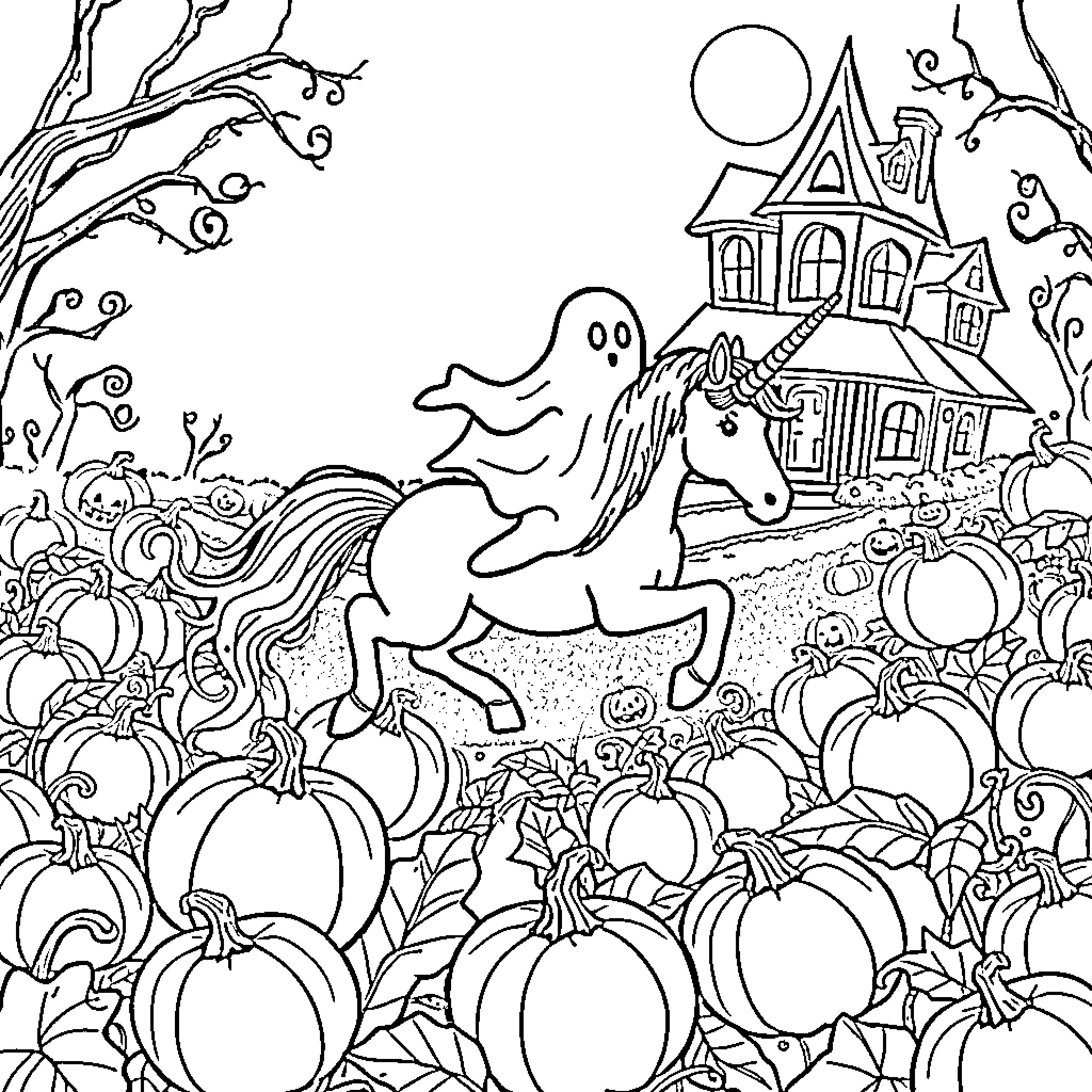 Ghost Unicorn Frolicking in Pumpkin Patch near Haunted House Coloring Page (free black-and-white line drawing printable PDF for all, from beginners to advanced learners, including children, teens, adults, and seniors)