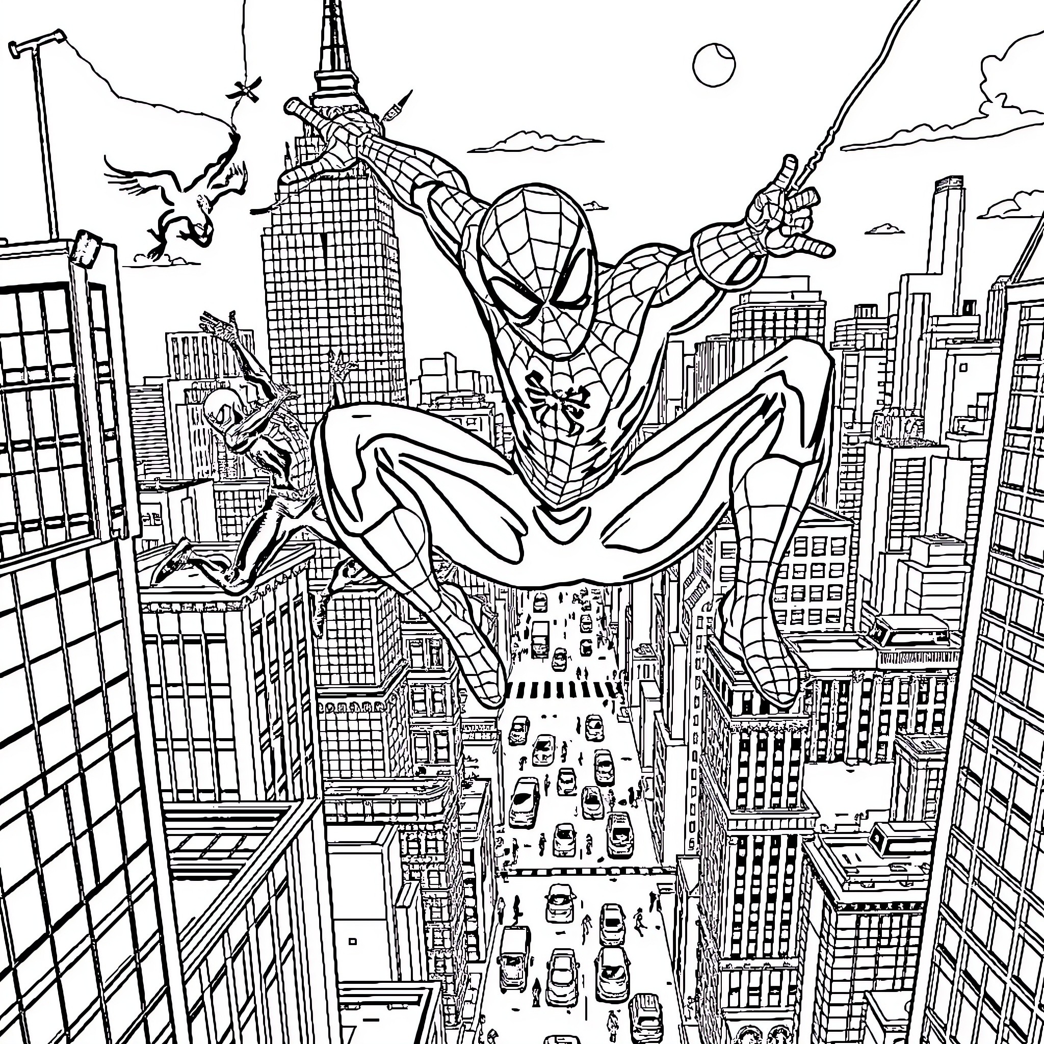 Spidey Swinging Through Cityscape with Action Coloring Page (free black-and-white line drawing printable PDF for all, from beginners to advanced learners, including children, teens, adults, and seniors)