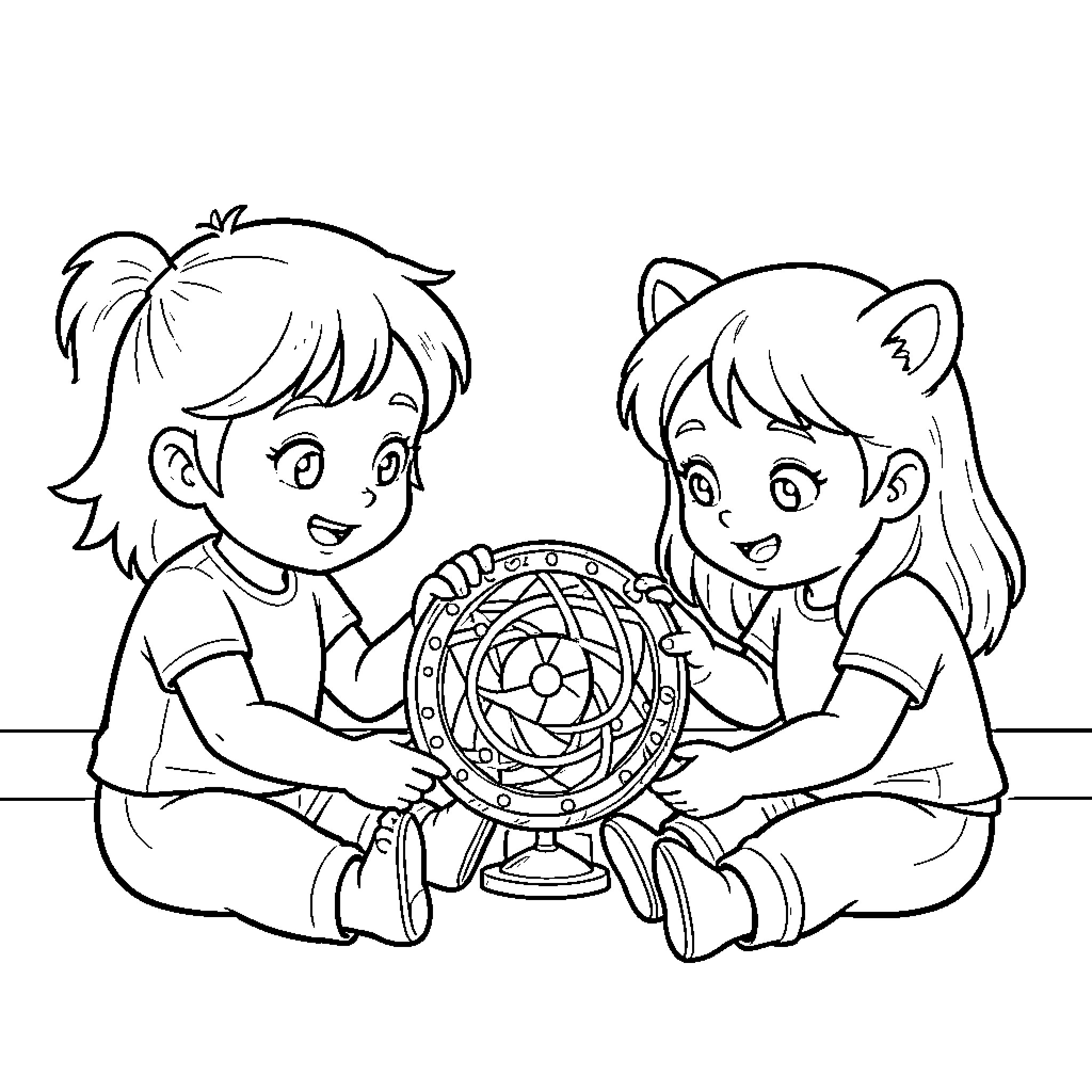 Gabi and Friend Examining a Magical Artifact Coloring Page (free black-and-white line drawing printable PDF for all, from beginners to advanced learners, including children, teens, adults, and seniors)