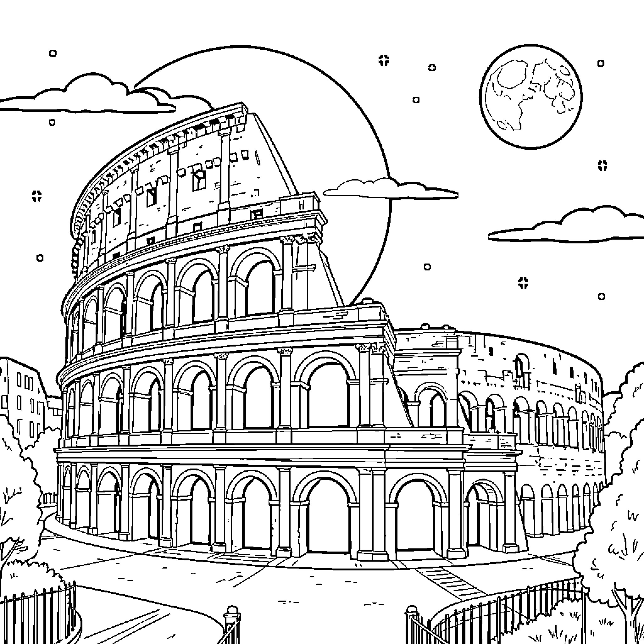 Coliseo Roman architecture and night sky Coloring Page (free black-and-white line drawing printable PDF for all, from beginners to advanced learners, including children, teens, adults, and seniors)