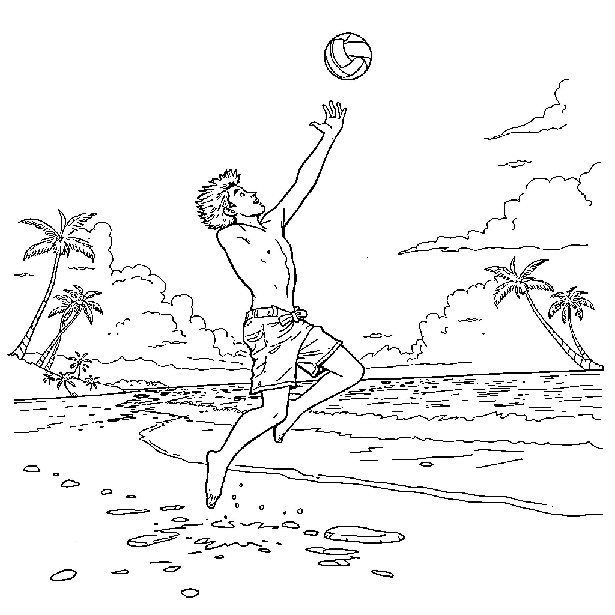 Islander Playing Volleyball on the Beach Coloring Page (free black-and-white line drawing printable PDF for all, from beginners to advanced learners, including children, teens, adults, and seniors)