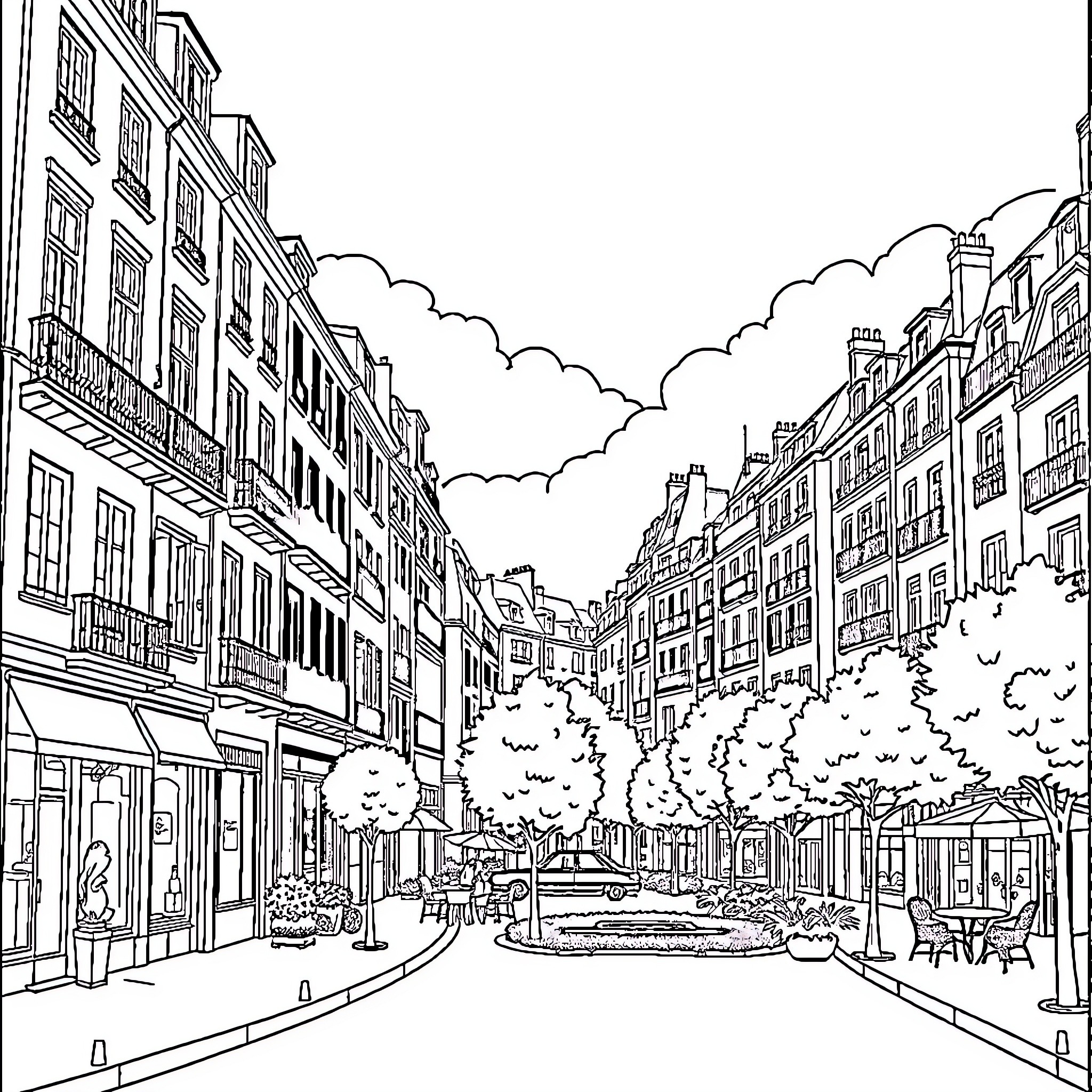Les Avanchets: A Bustling Parisian Streetscape Coloring Page (free black-and-white line drawing printable PDF for all, from beginners to advanced learners, including children, teens, adults, and seniors)