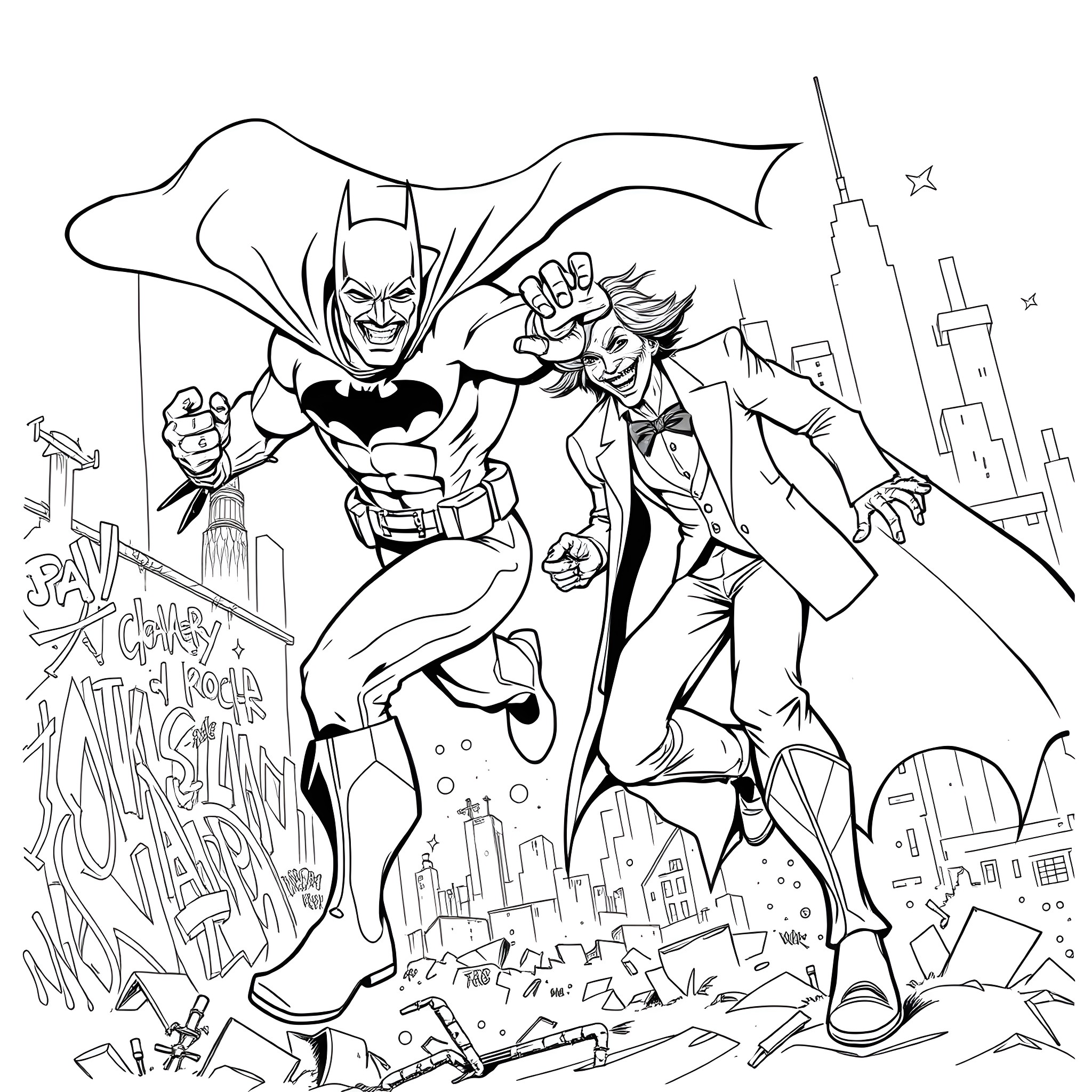 Batman and Robin foiling villains' schemes in the city Coloring Page (free black-and-white line drawing printable PDF for all, from beginners to advanced learners, including children, teens, adults, and seniors)