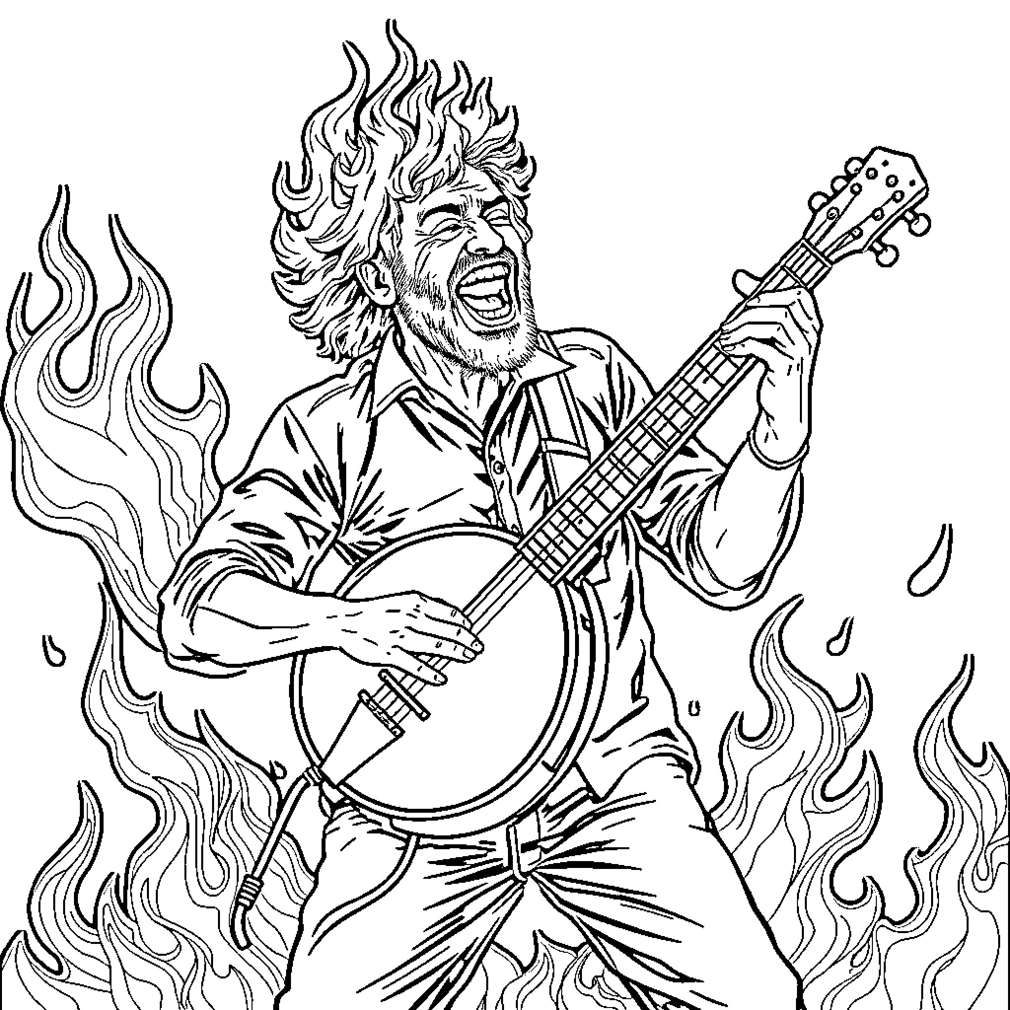 Banjo Player Rocking Out with Fiery Passion Coloring Page (free black-and-white line drawing printable PDF for all, from beginners to advanced learners, including children, teens, adults, and seniors)